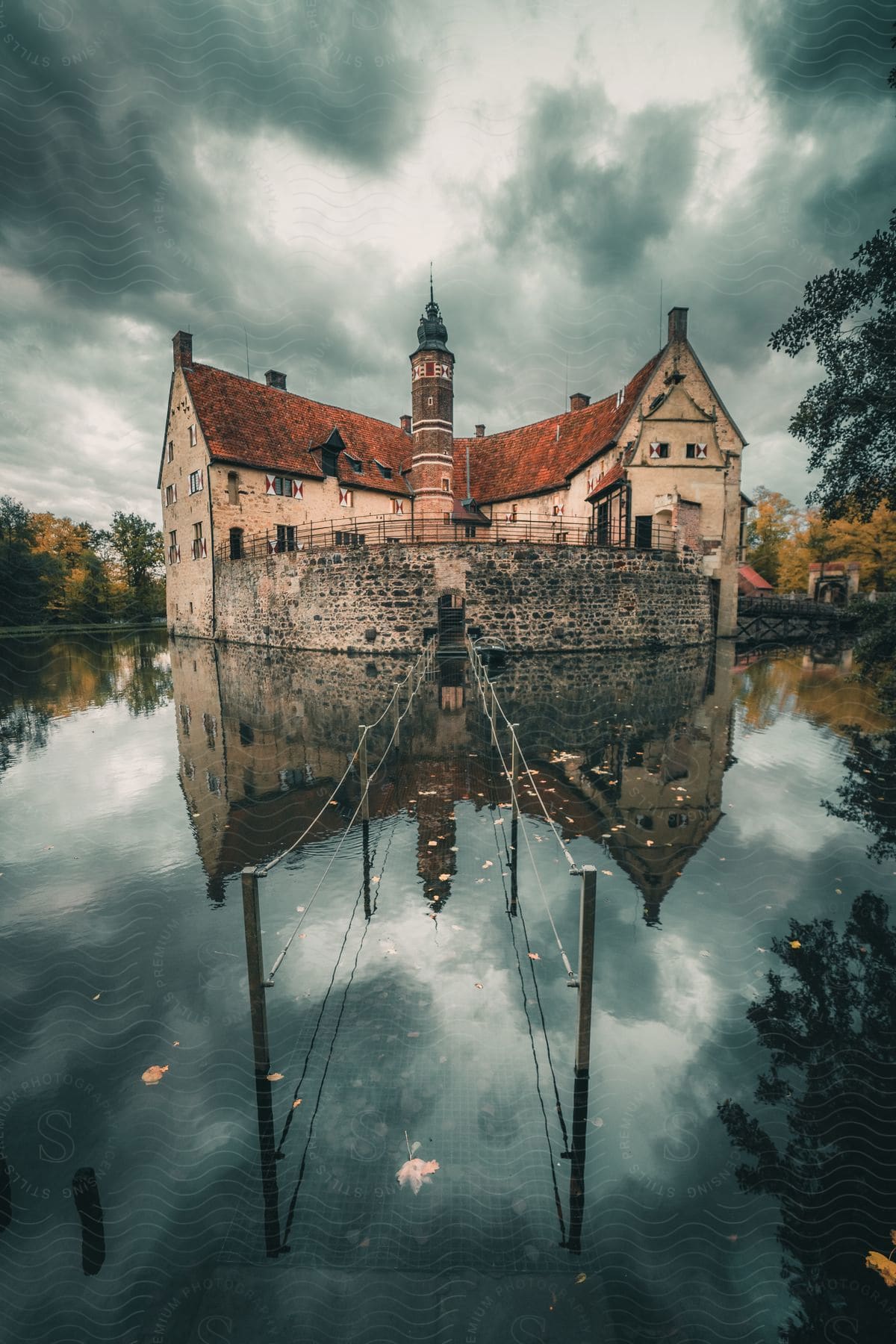 A stone building with a pointed roof and a tower and there is a lake around it reflecting the building and with a submerged bridge