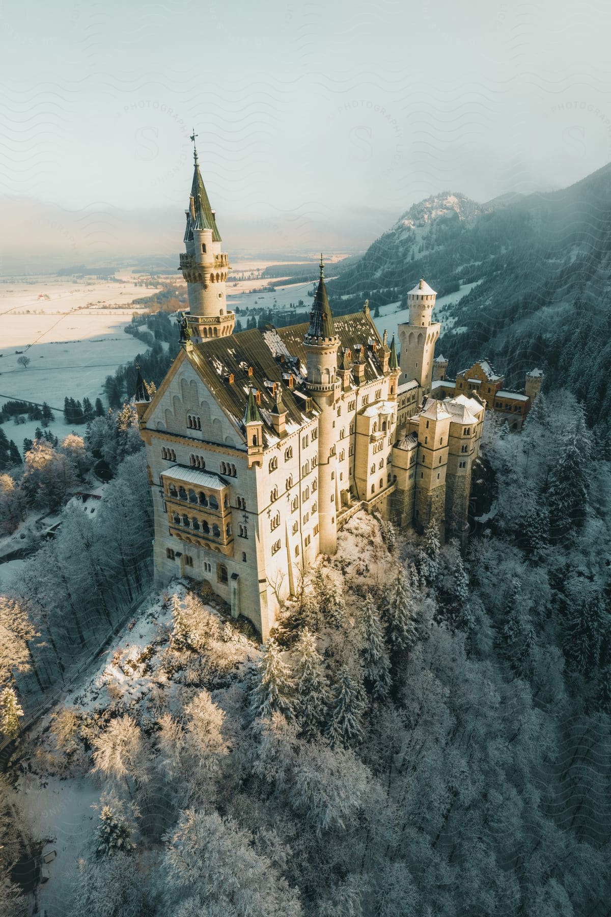 Castle nestled on forested hill with snow-covered trees, illuminated by soft sunlight.