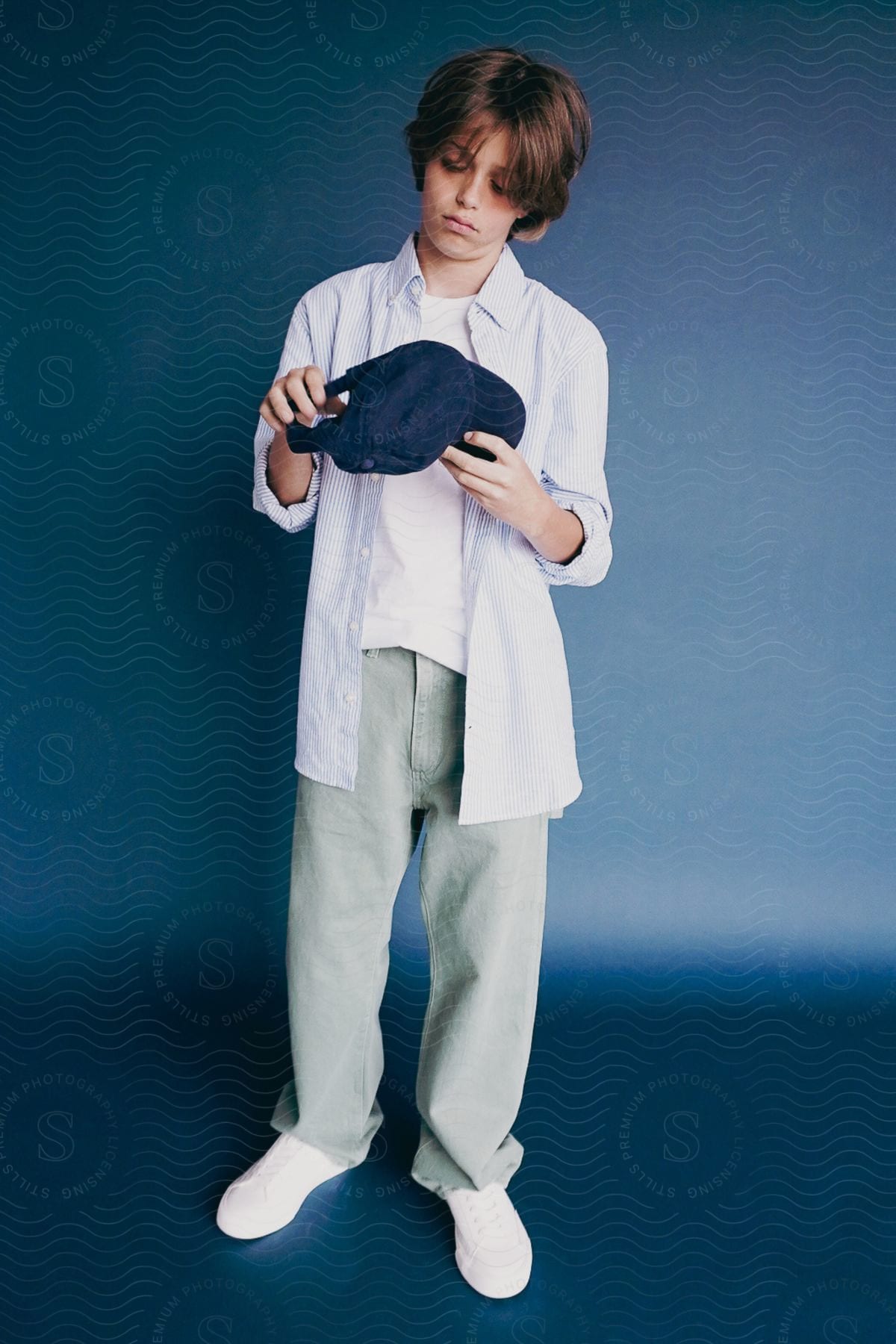 a young person stands holding and looking at a baseball cap.