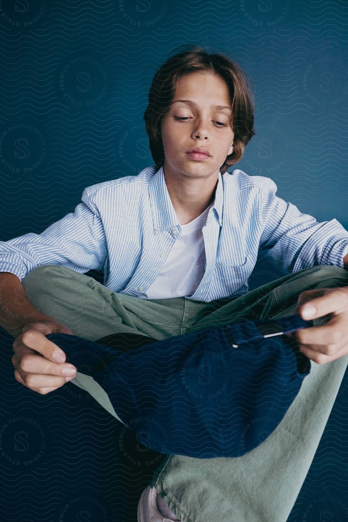 A boy sitting crosslegged on the floor, modeling for a photo, about to put on a hat.