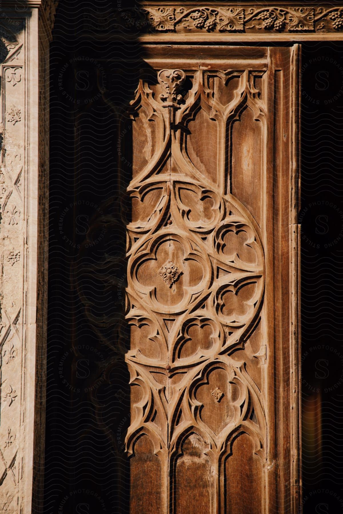 A sunlight-warmed carved wooden door with intricate designs.