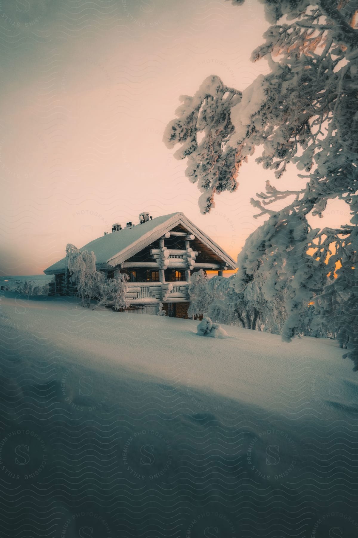 Snow covered house and trees on a mountain