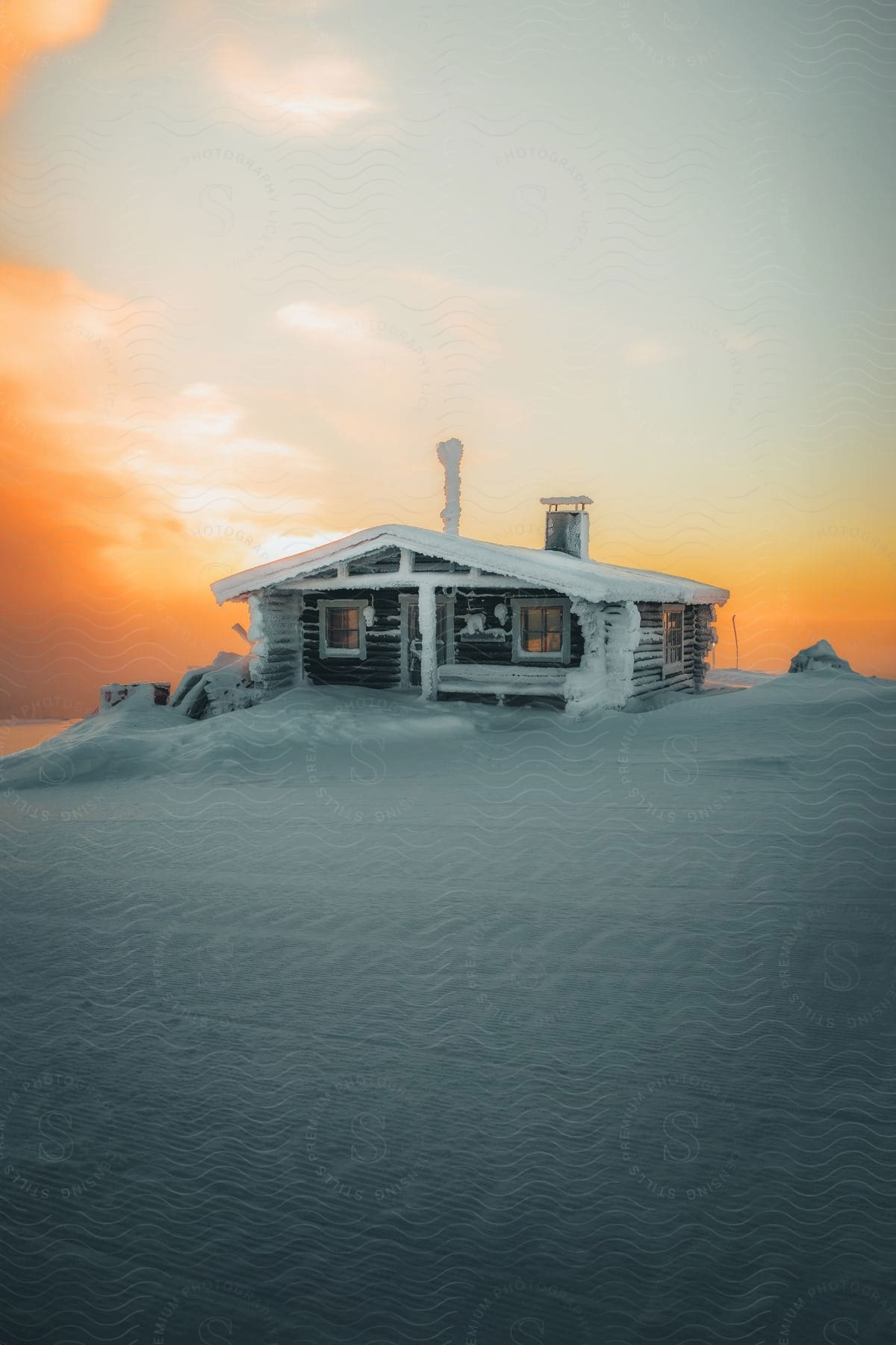 An image of a cabin covered in snow alone on a snowy plain, superimposed over a bright sky with orange clouds.