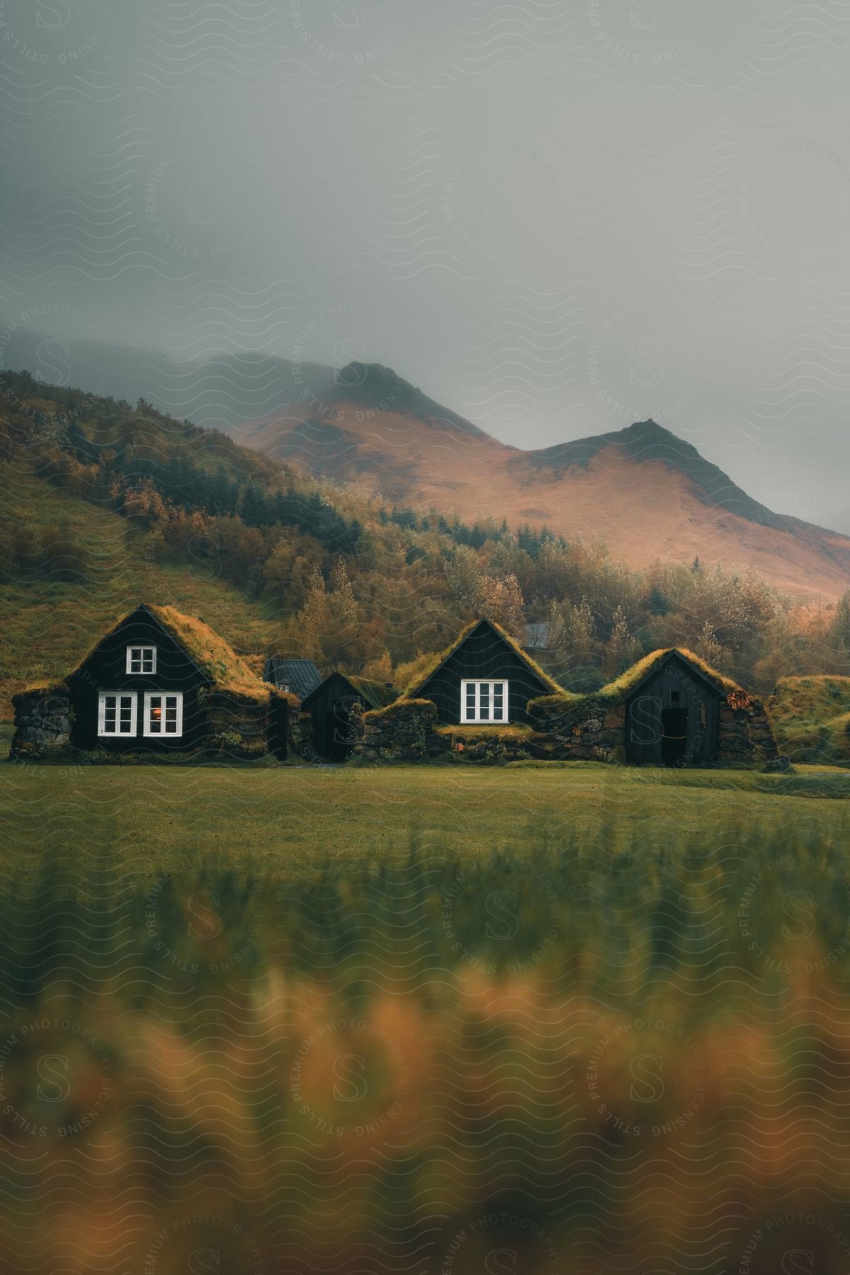 Rural huts at the foot of a mountain.