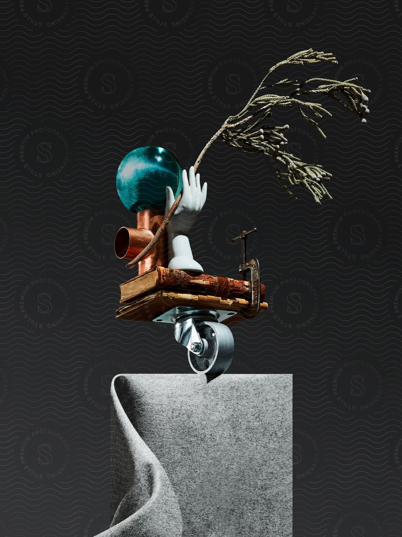 Stock photo of a still life sculpture of different items including a branch books and pipe and fabric