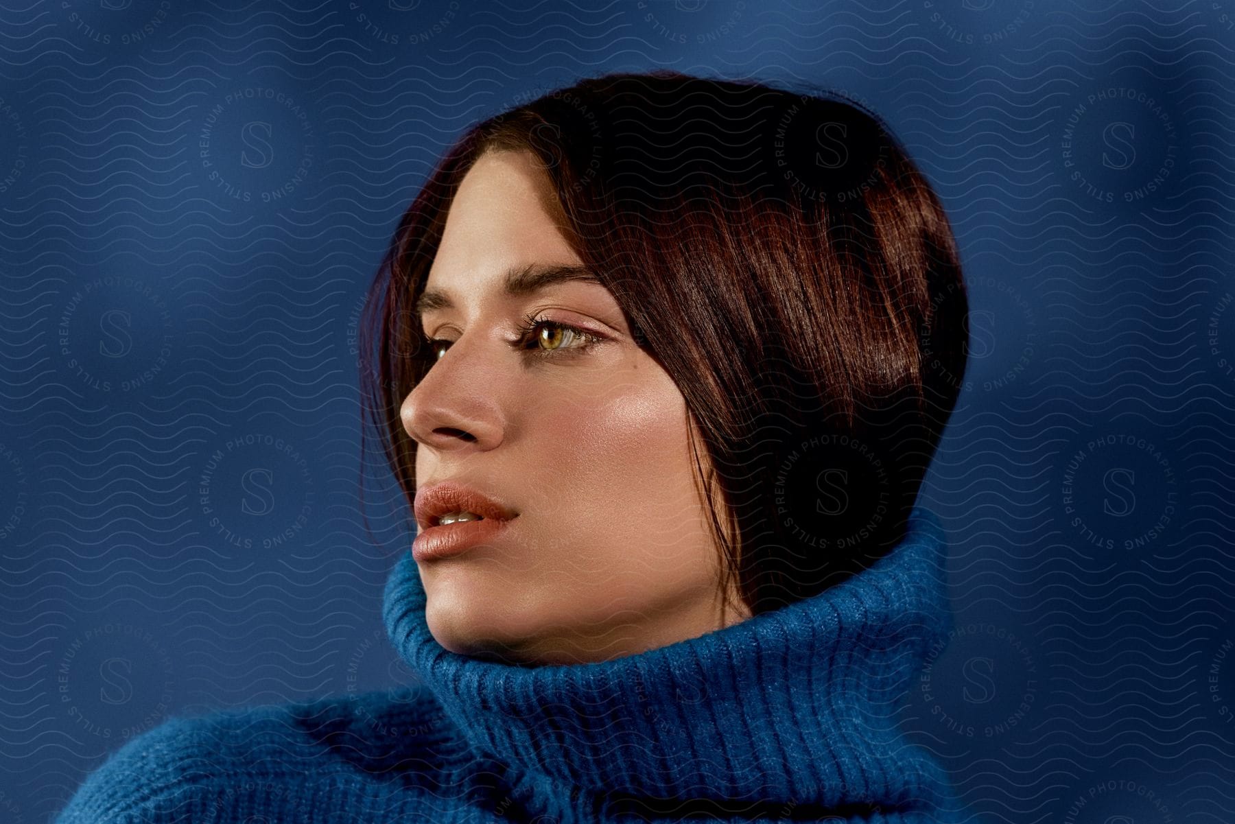 Profile of a woman with dark hair in a blue turtleneck against a blue background.