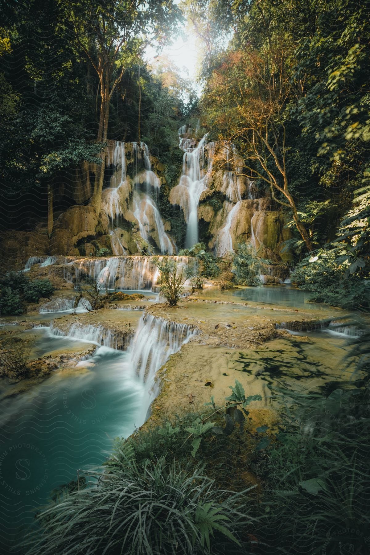 Stock photo of a waterfall is hidden in the forest during the day.
