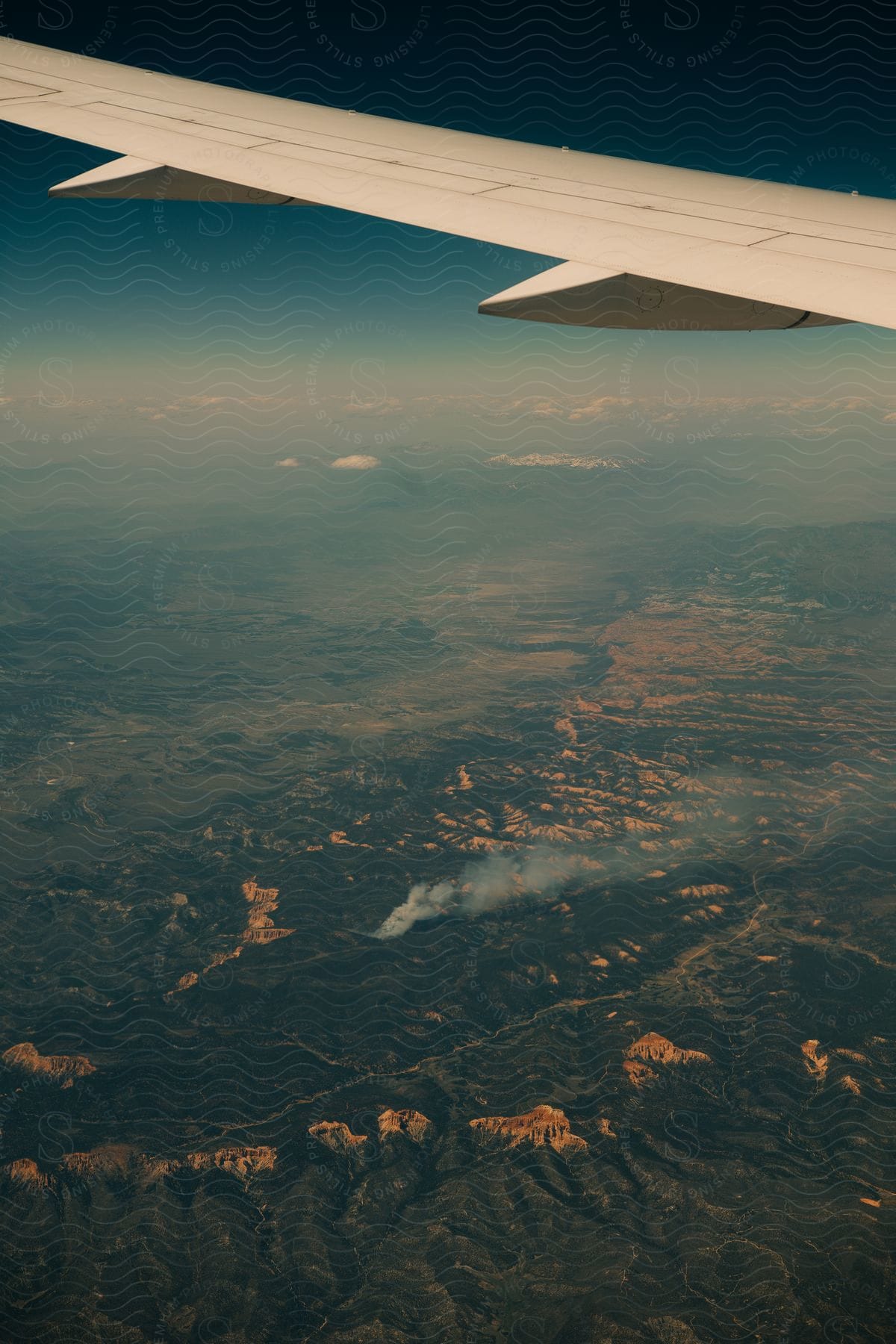 A view from an airplane of a forest and mountains