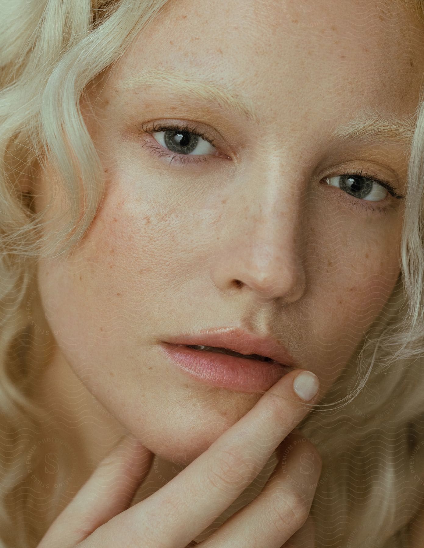 A young blonde woman looks ahead with her finger on her lip