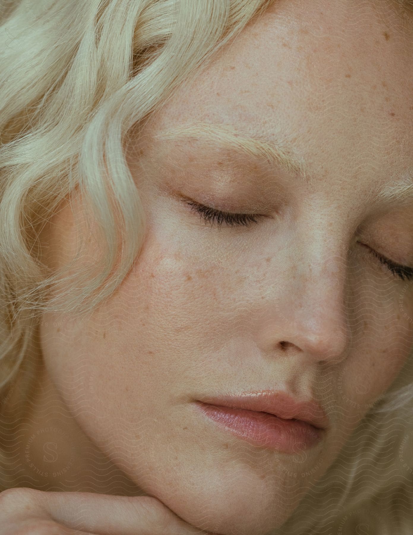 Portrait of a young woman with closed eyes and blond hair