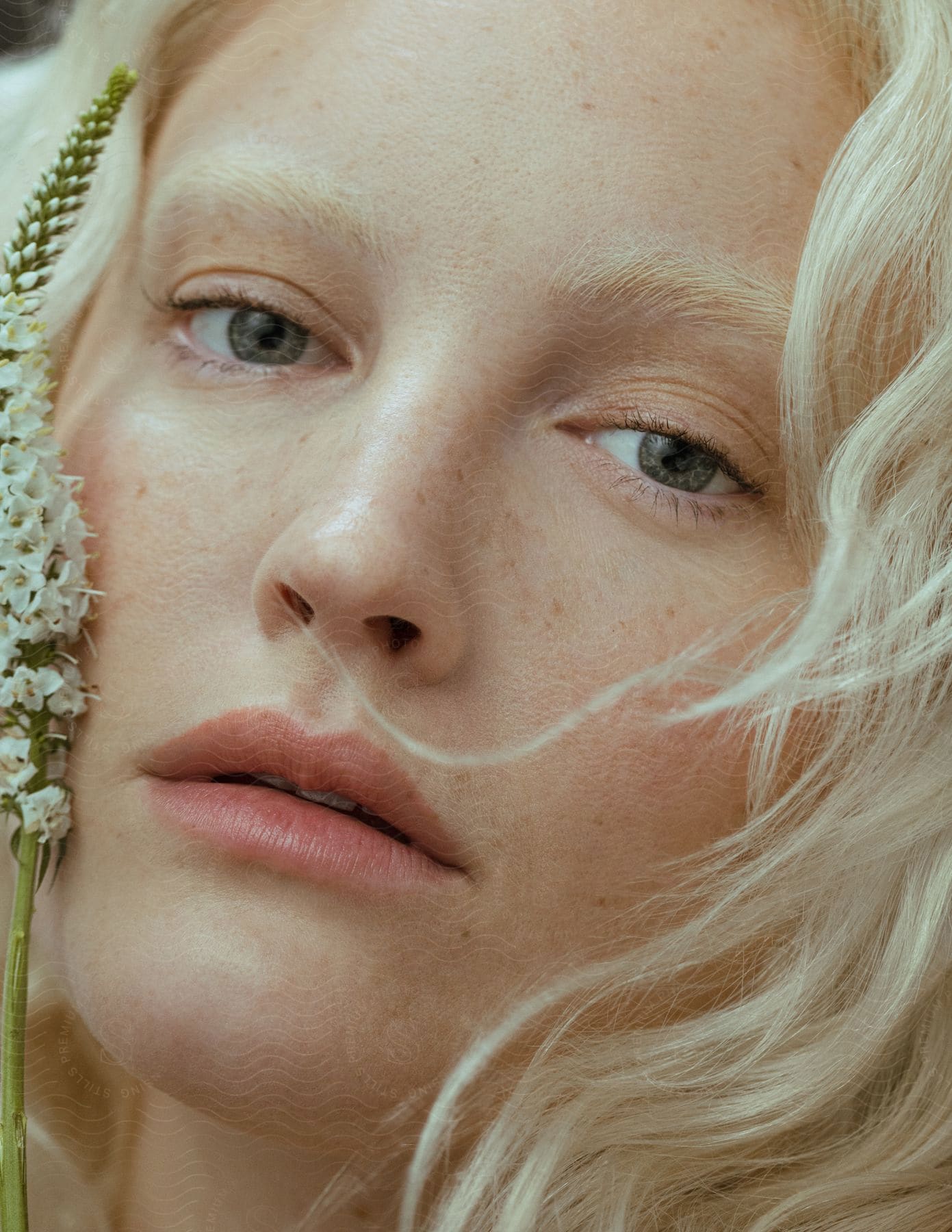 A young blonde woman looks ahead with flowers on her cheek