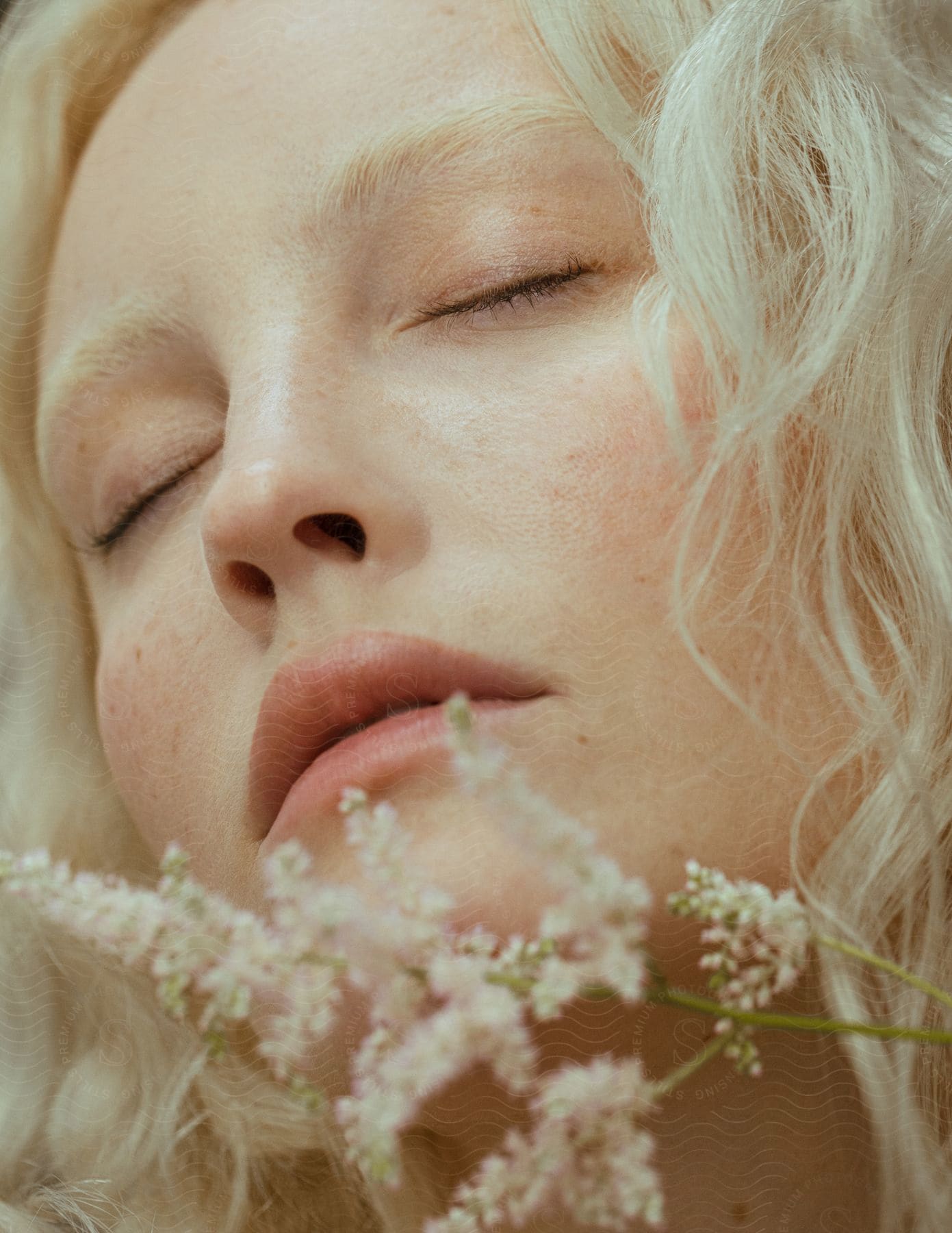 Close-up of a woman with closed eyes, blonde curly hair, and light pink flowers near her face.