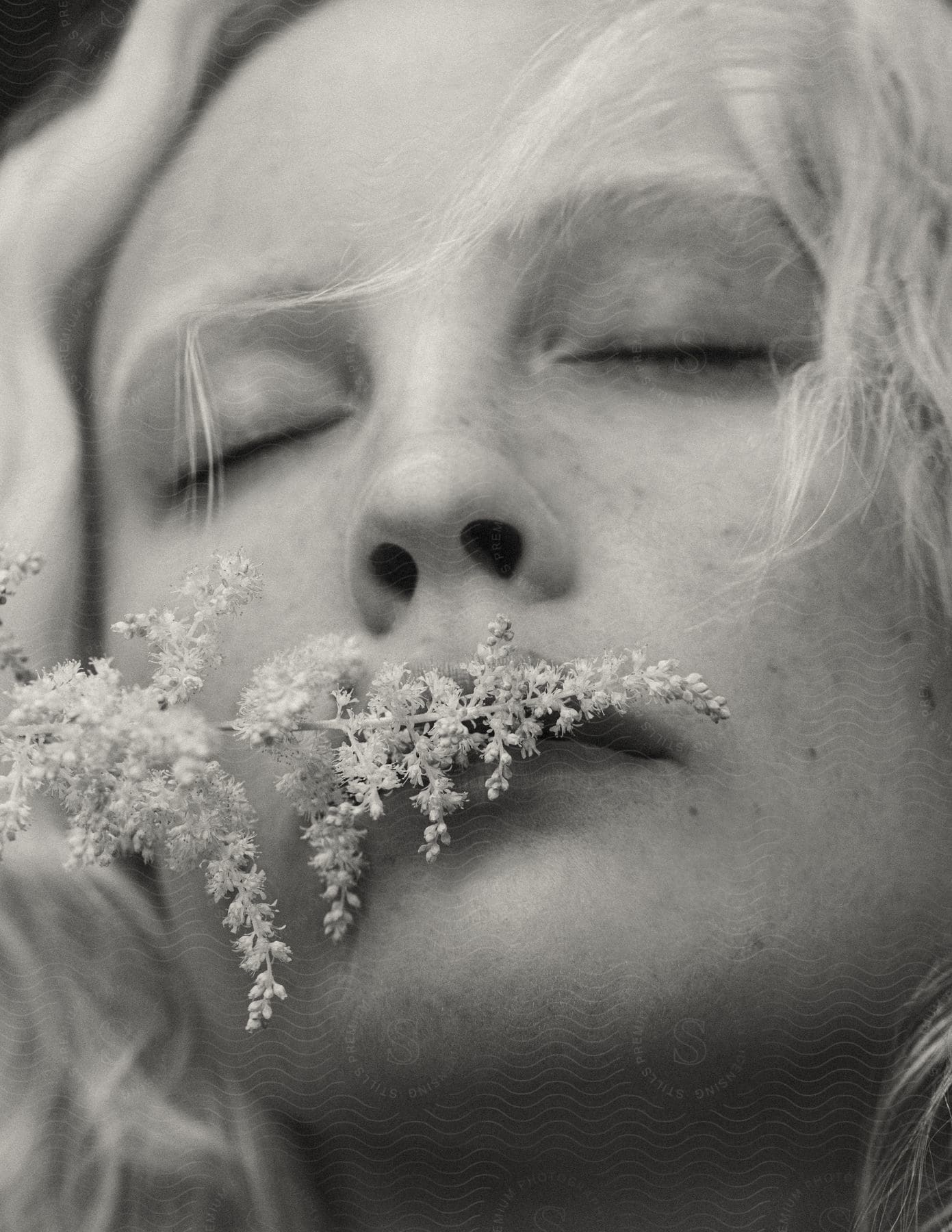 Portrait of a young model woman with a flower on her lips