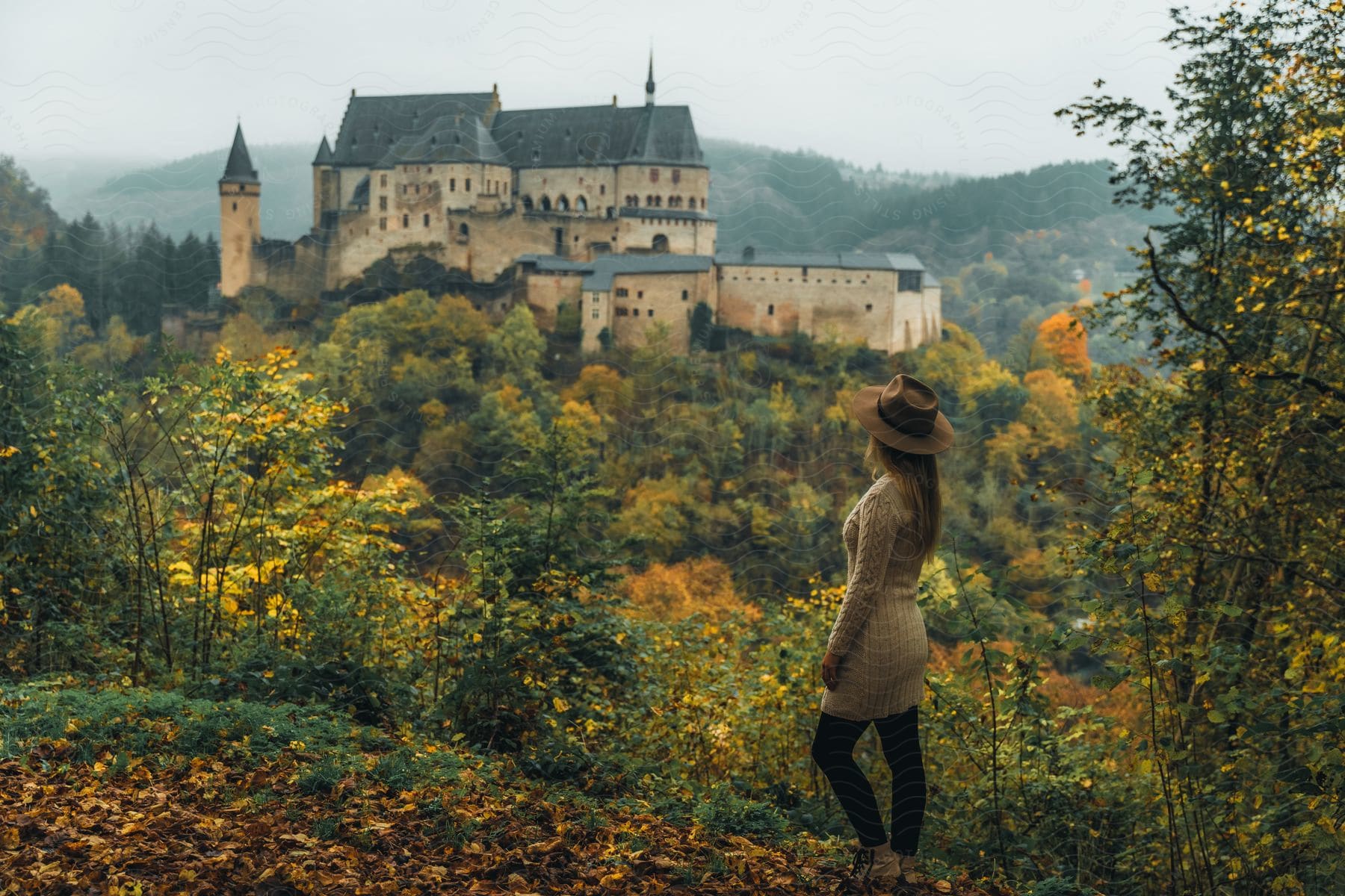 A woman standing outdoors looking at a castle in the distance.