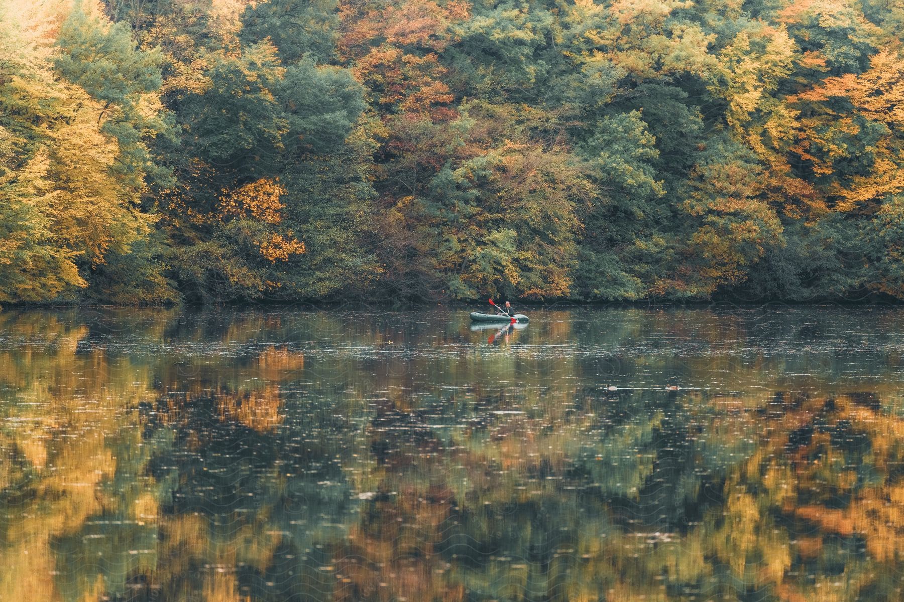 A solitary rowboat glides through a lake reflecting the fiery palette of autumn trees.