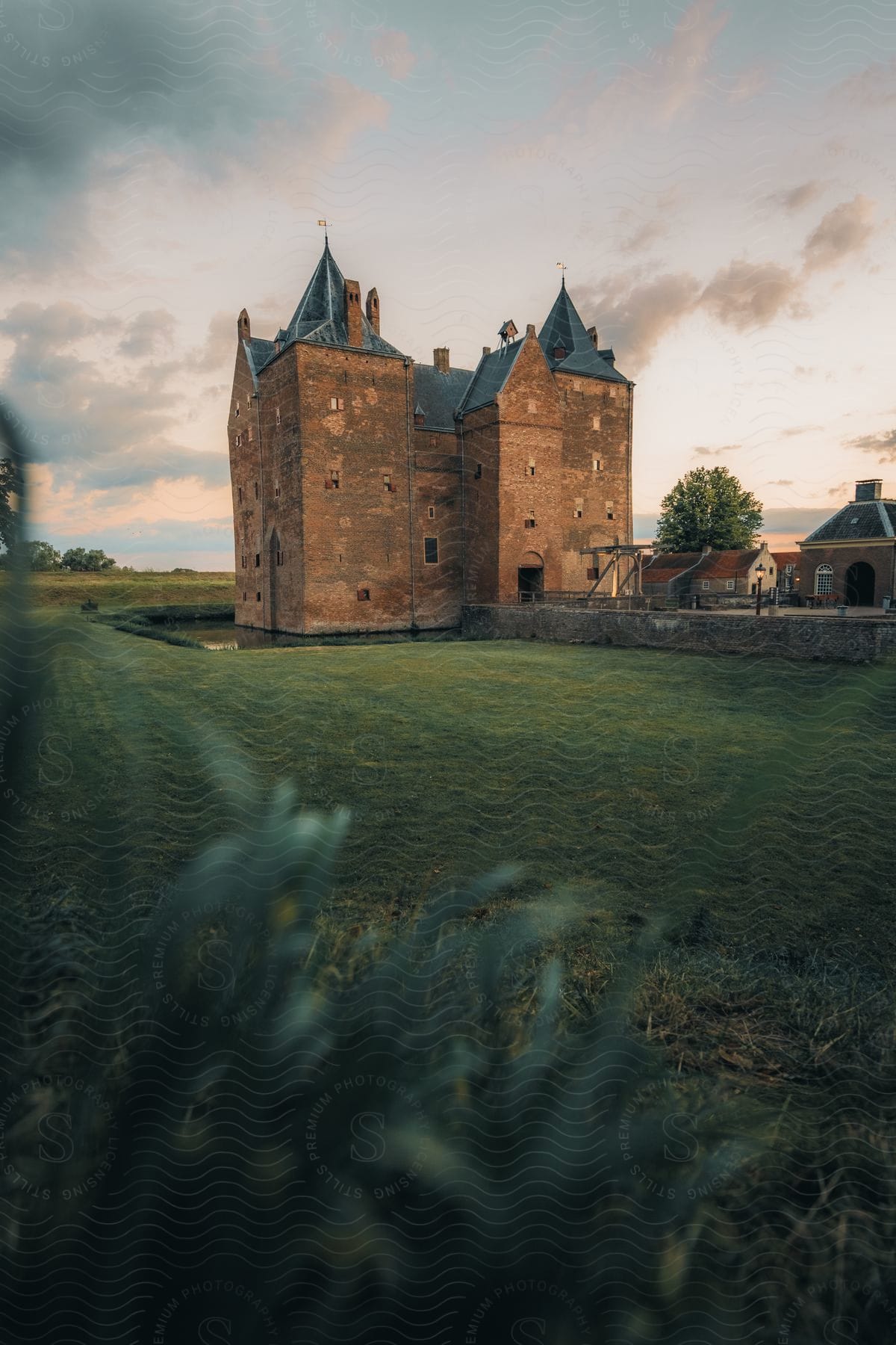 A large castle of ancient architecture in the middle of a field of low grass