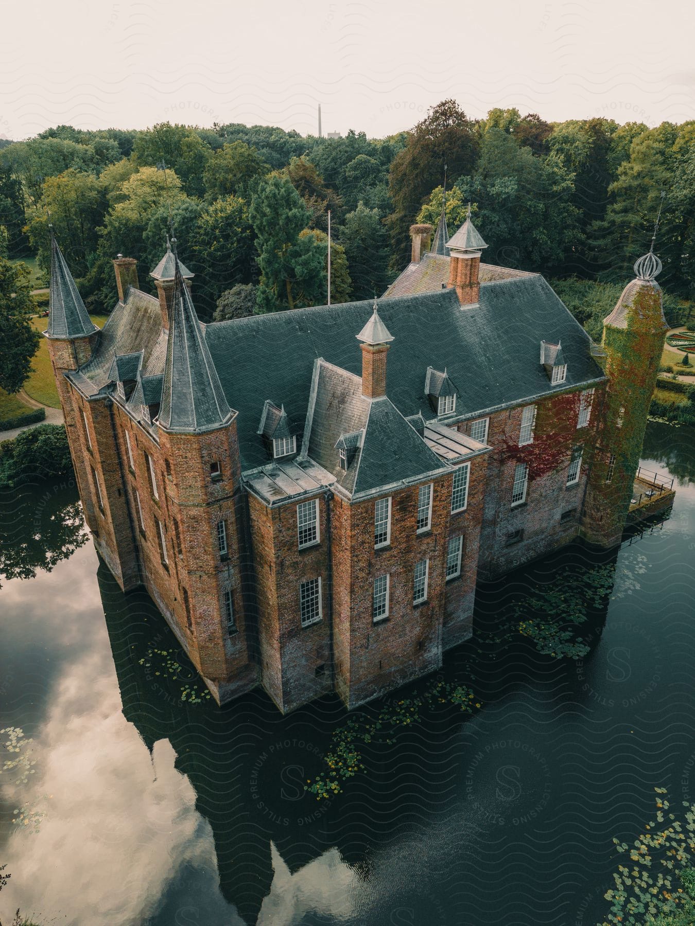 Aerial panorama of a castle in the middle of a lake surrounded by forest in a tourist spot of Zuylen Castle.