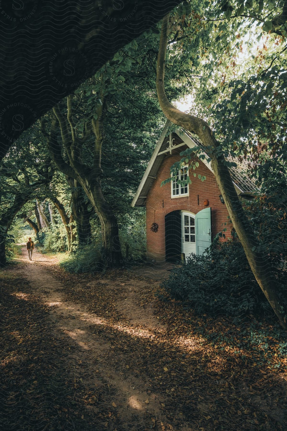 A person walking on a dirt path through trees next to a brick house in the middle of the forest