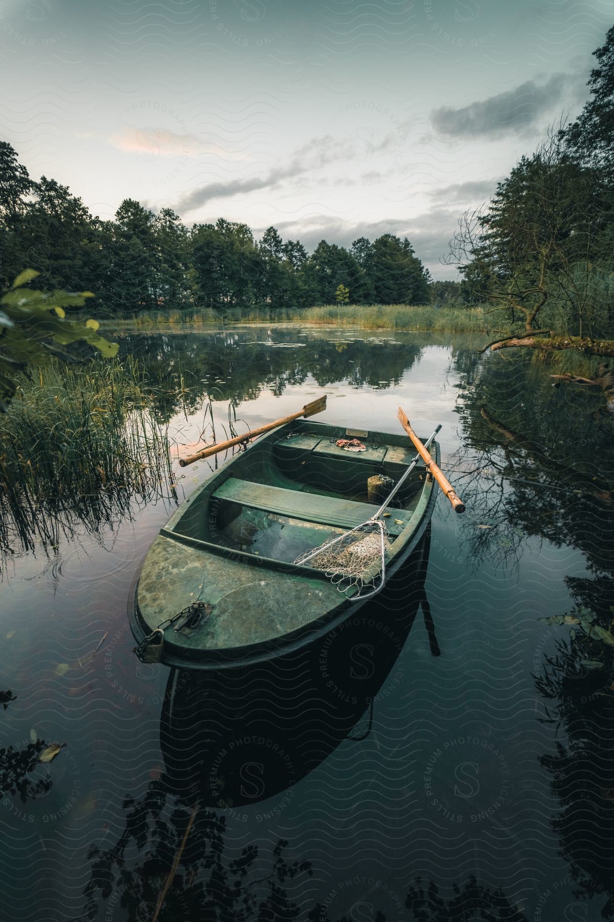 A lone boat rests on a still lake, embraced by the quiet embrace of nature.