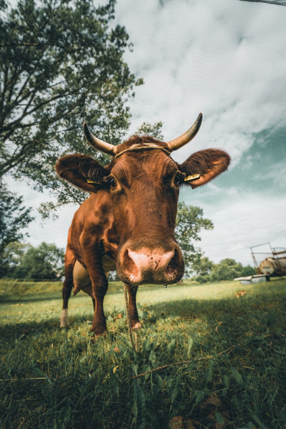 A brown cow with tags on both ears stands in a field surrounded by trees, with a rope tied around its head near the horn.