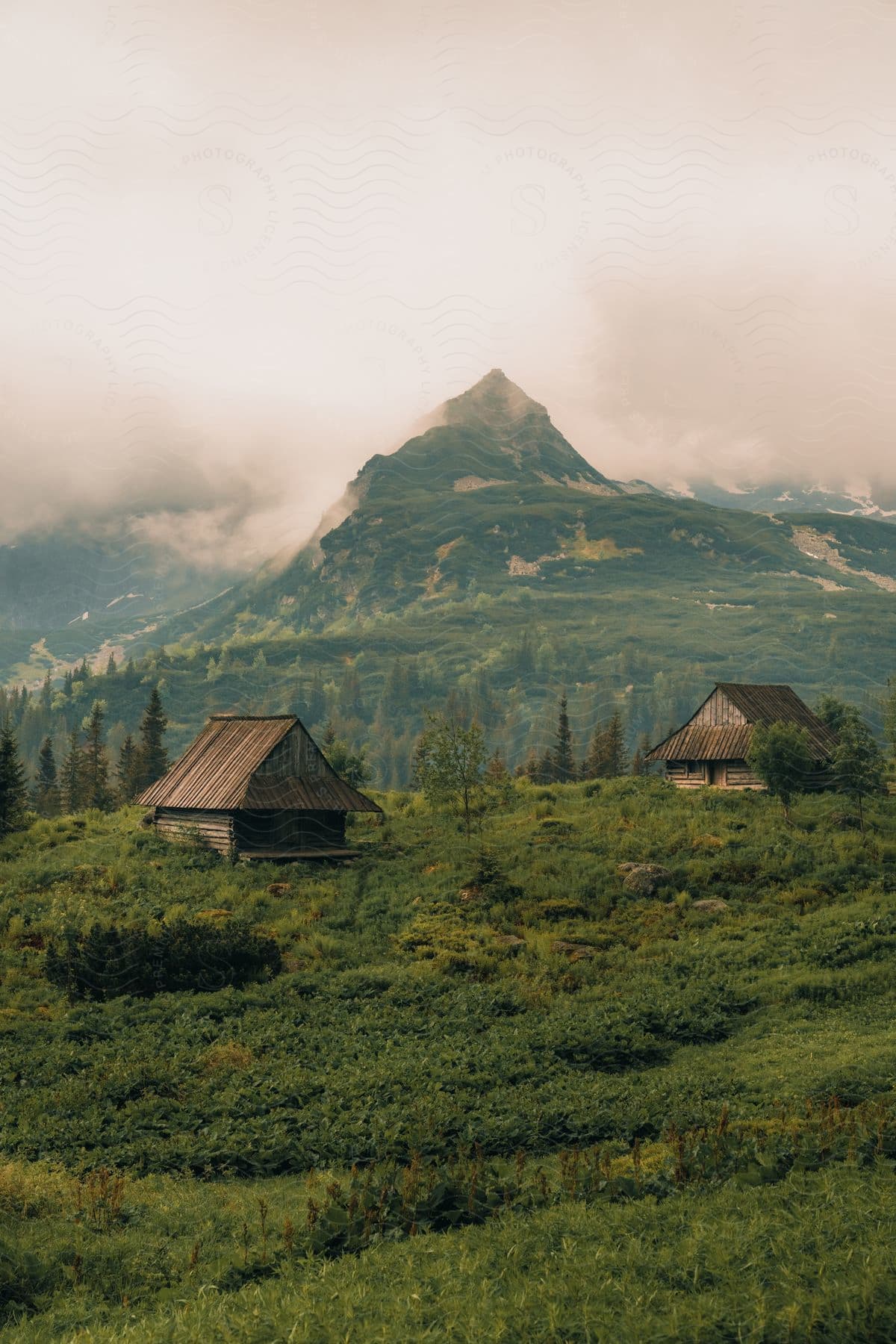Traditional wooden huts on a lush hillside with a foggy mountain peak in the background.