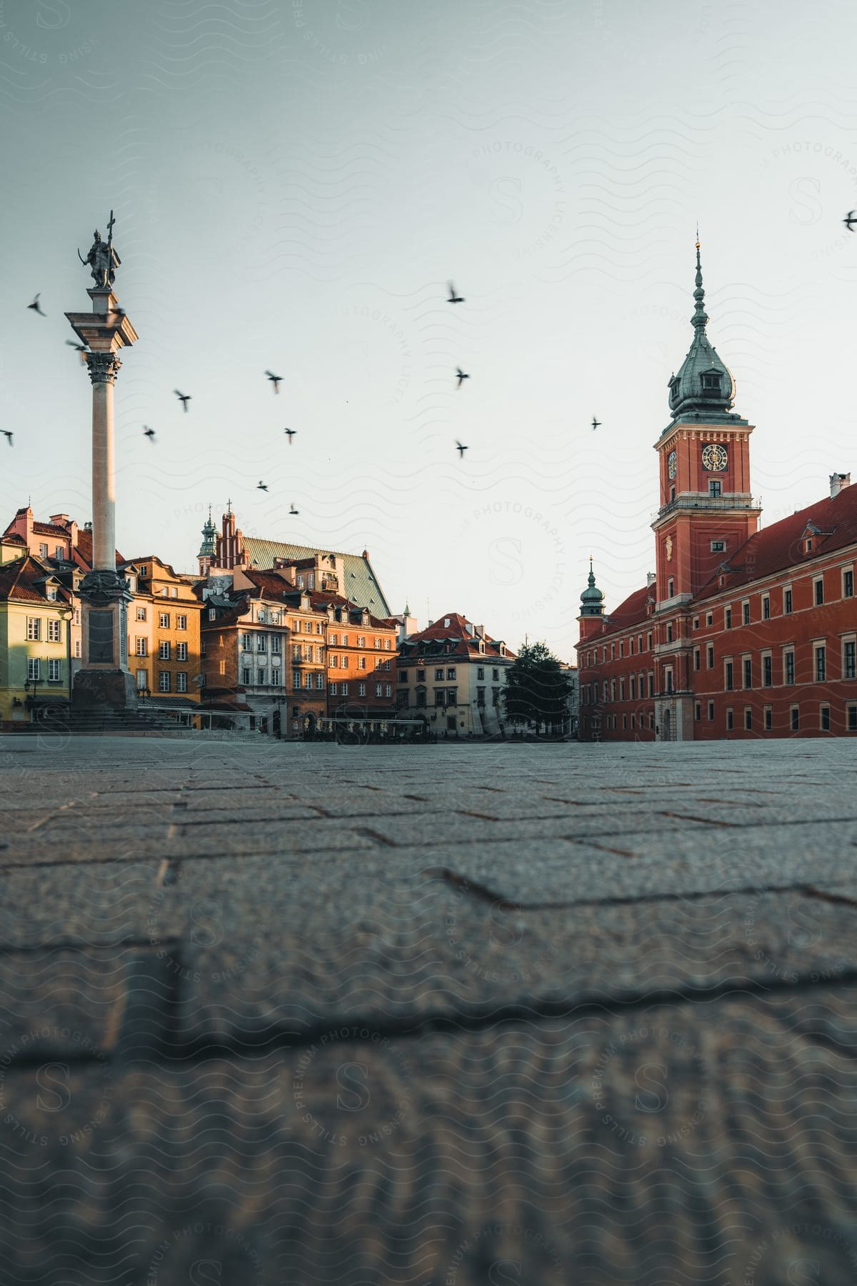 The Royal Castle in Warsaw in a morning sky with birds flying.