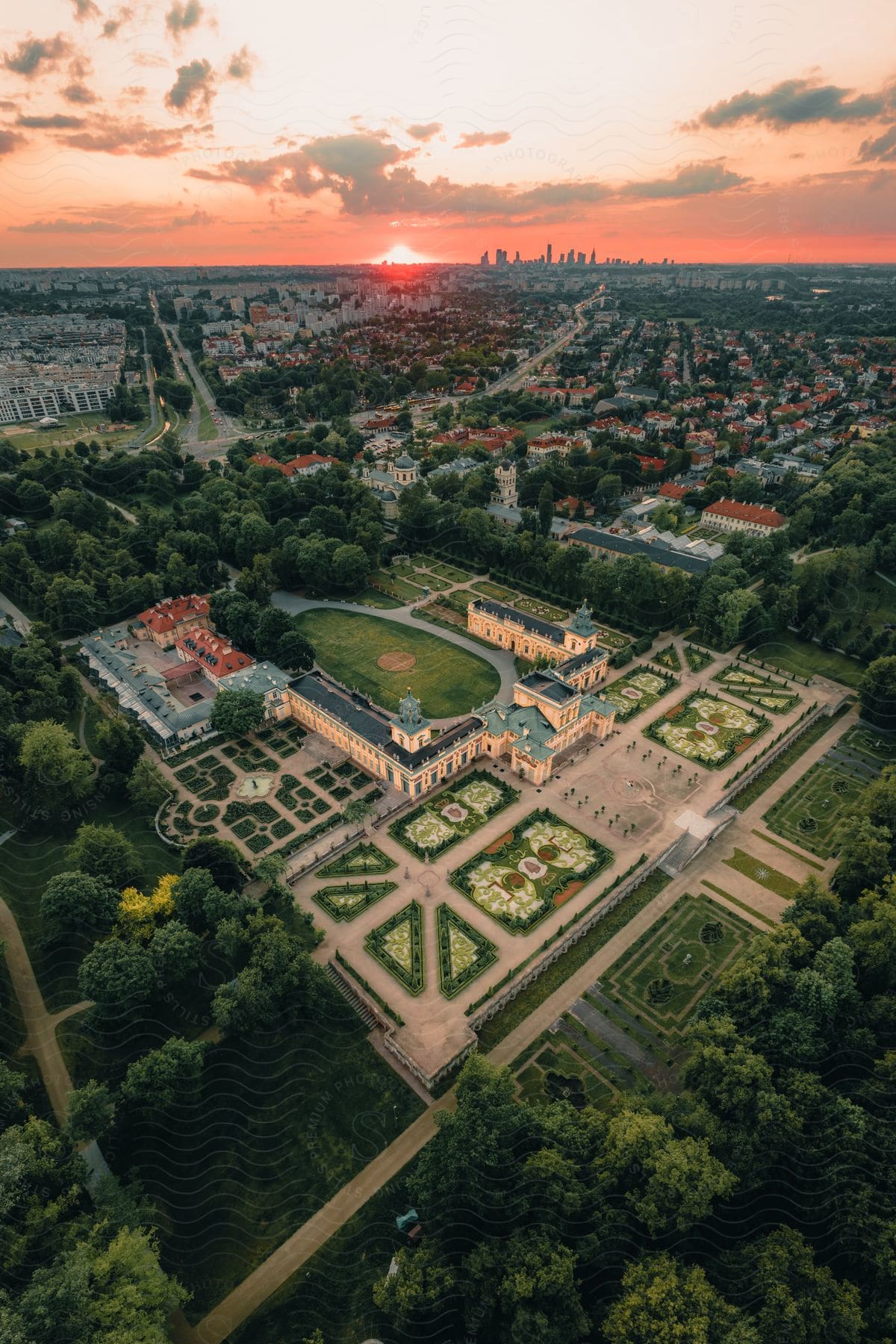 Aerial panorama on a reddish cell morning with sun on the horizon from the Museum of King Jan III's Palace at Wilanów.
