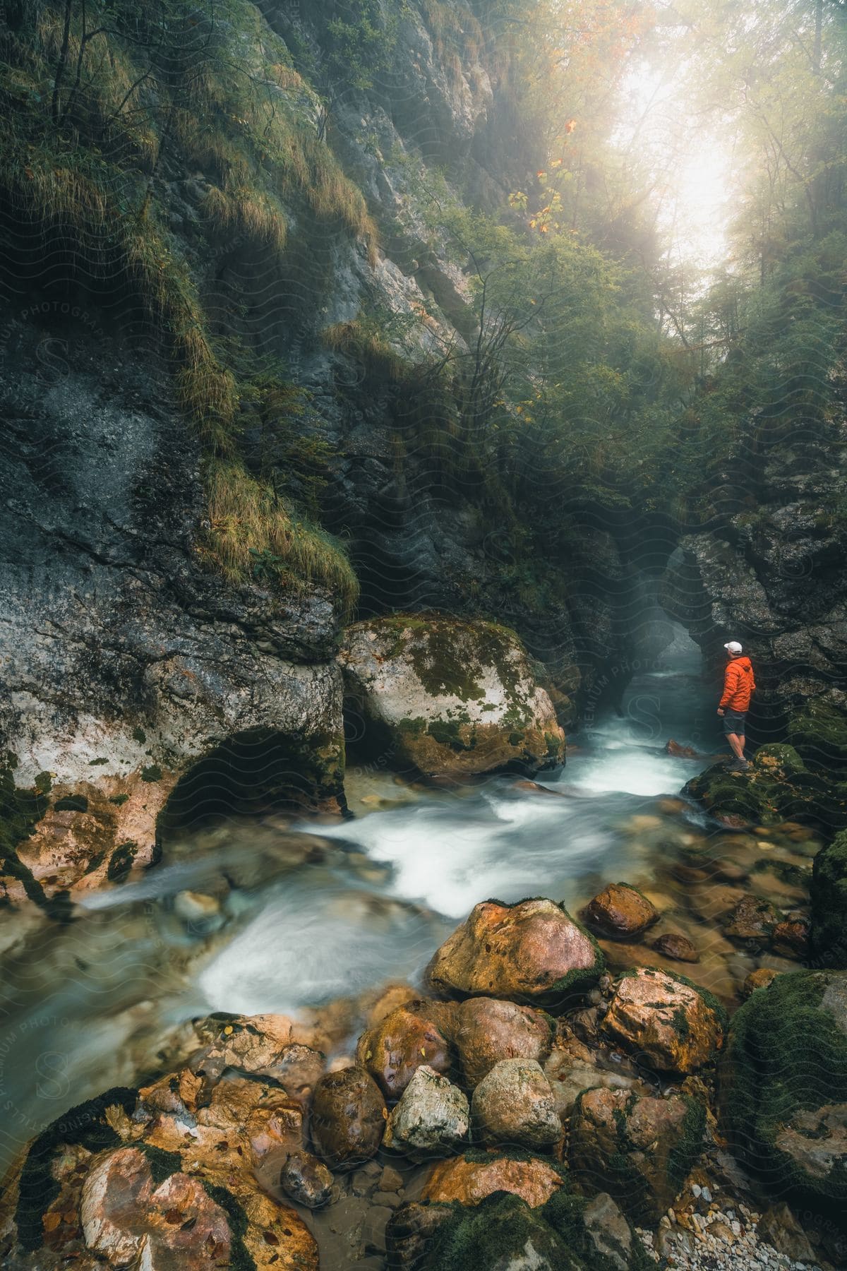 A man that is hiking near a river outdoors