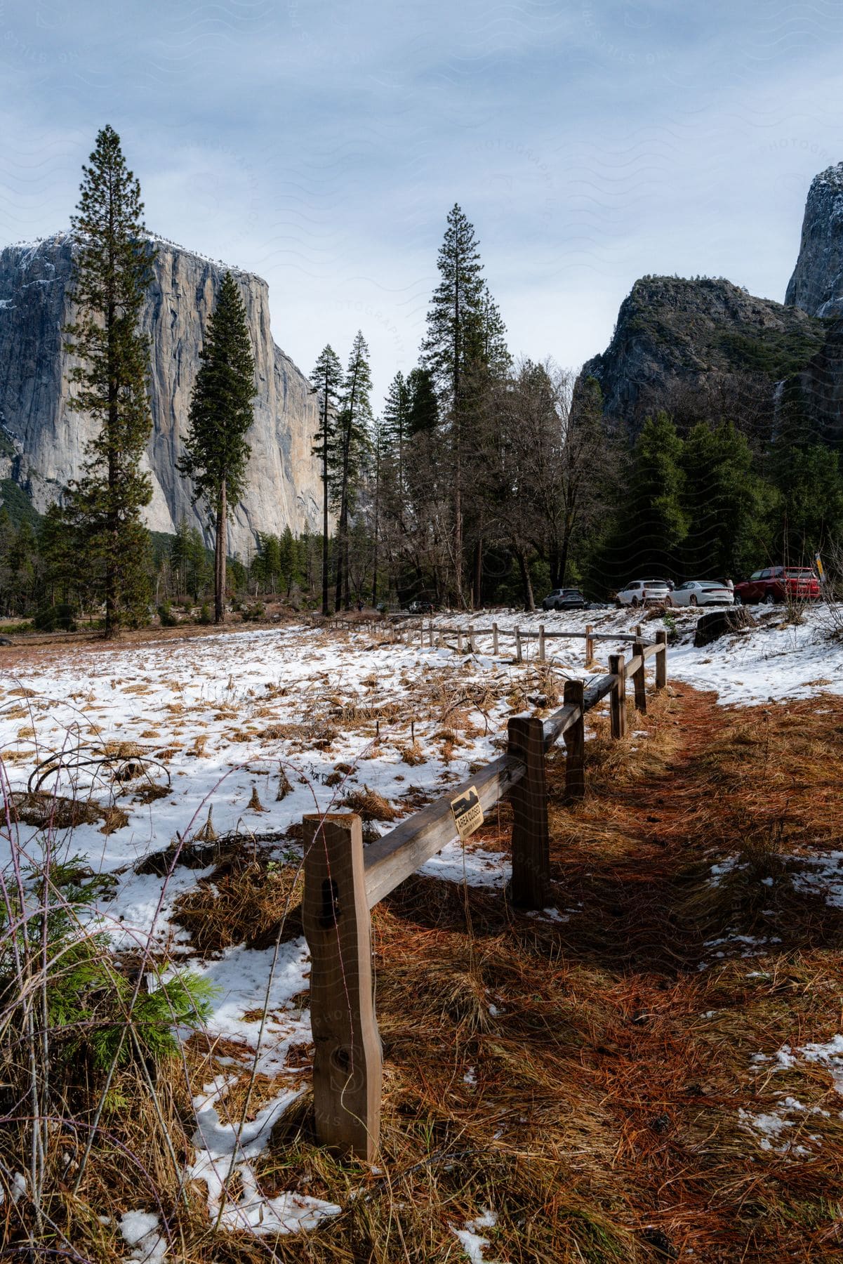 Vehicles move along highway passing fenced snowy pasture between mountains during winter.