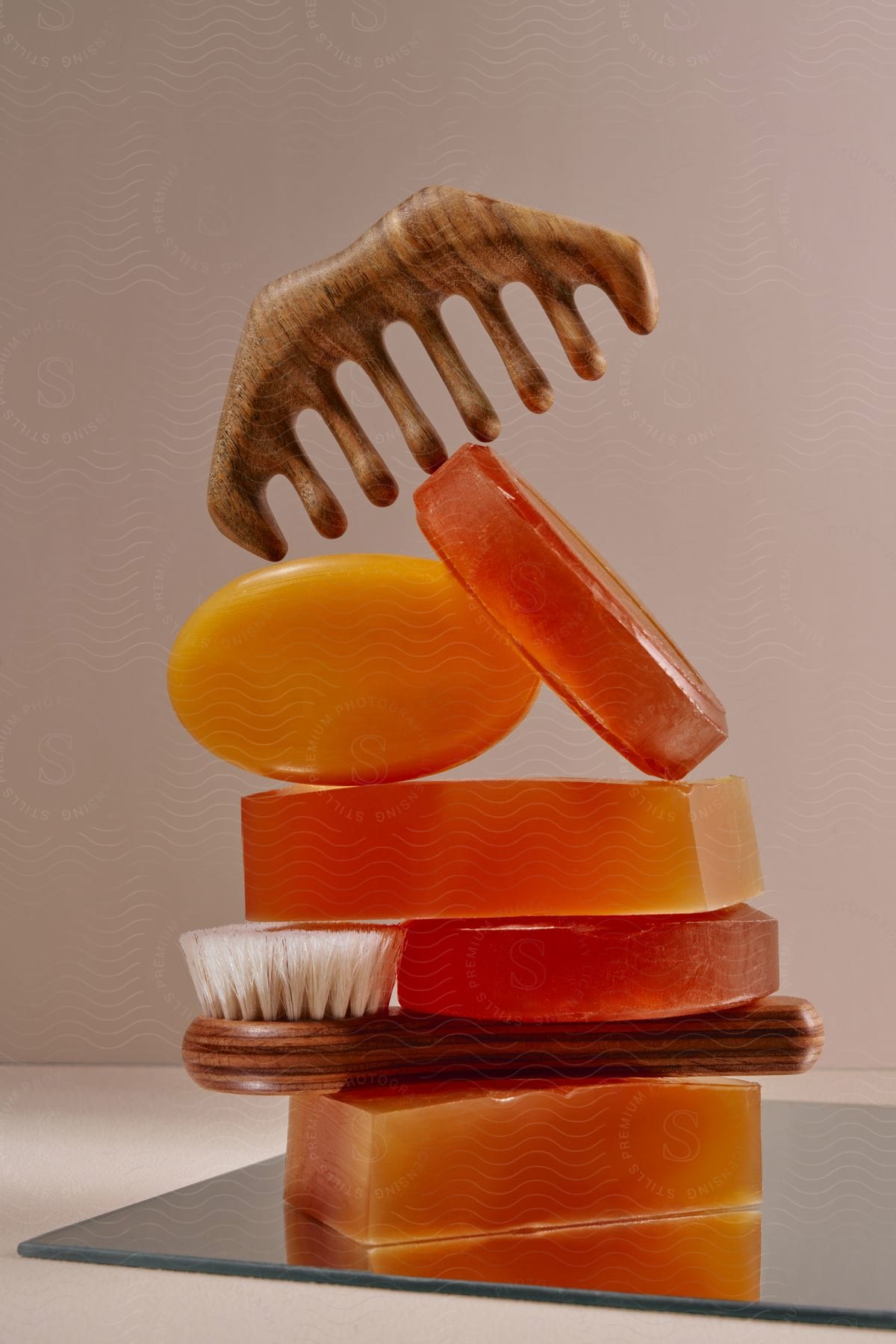 Bars of soap are stack on a mirror with a scrub brush and wooden comb