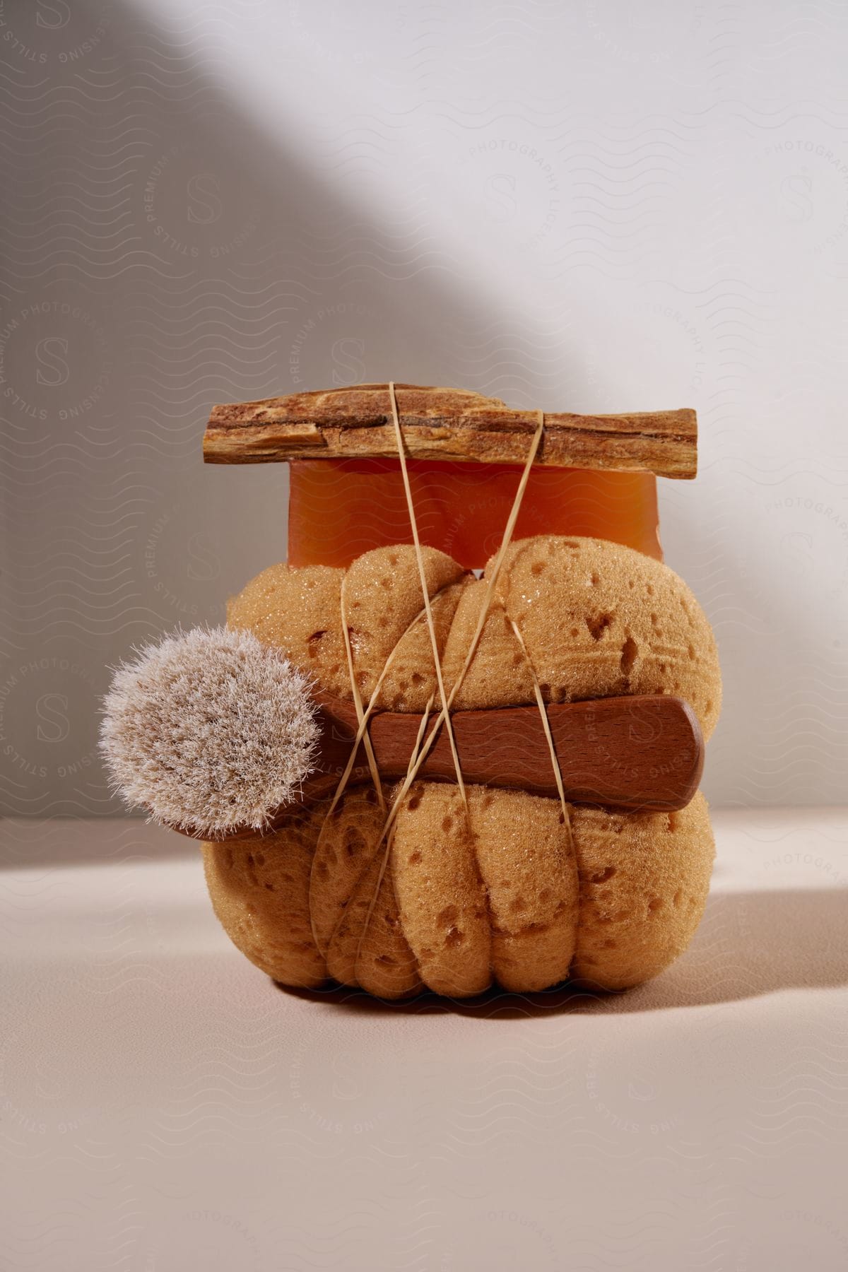 A scrub brush is tied to a sponge with a bar of soap on top