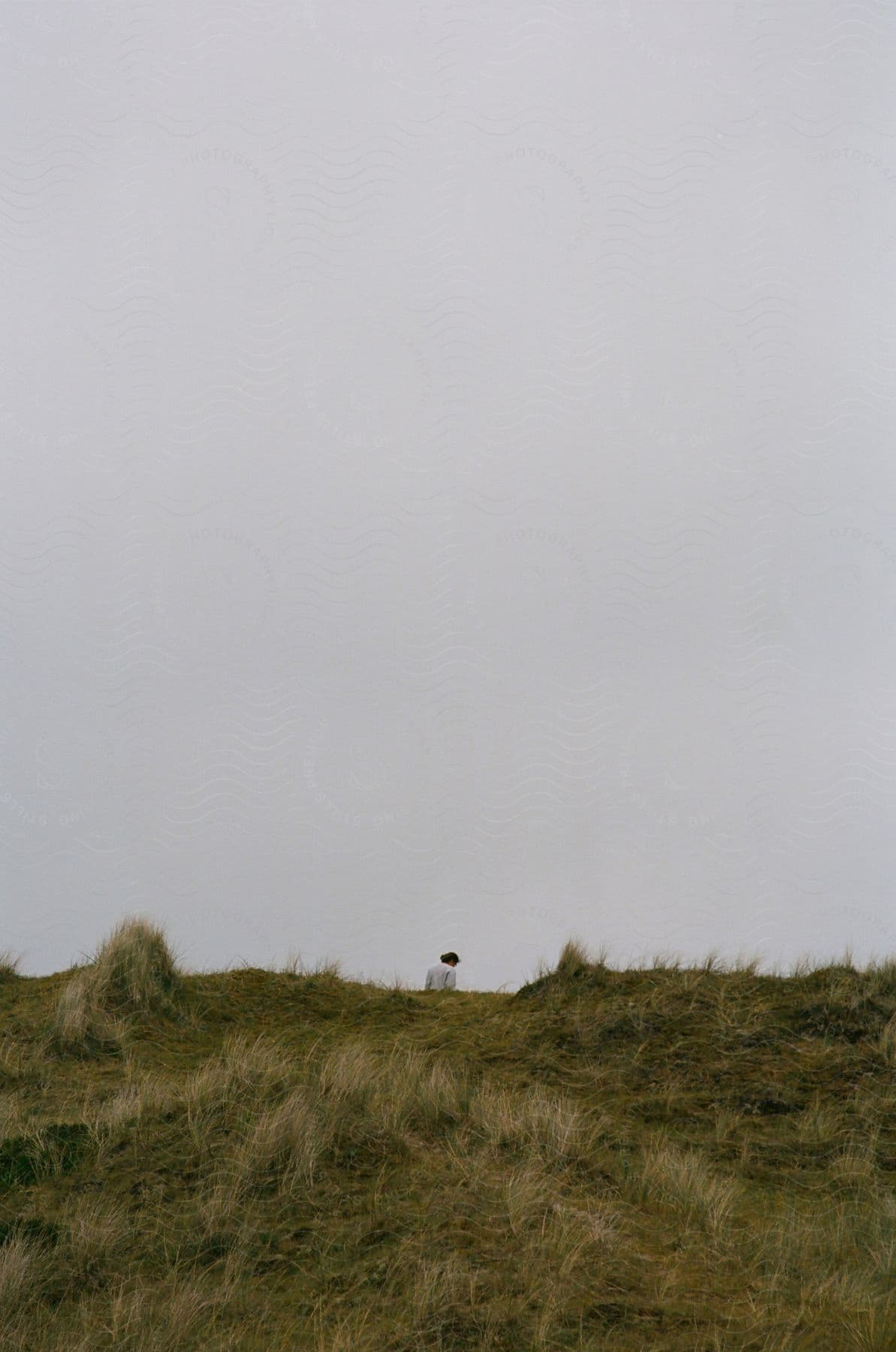 A person's head barely visible over a grassy dune against a clear, overcast sky.