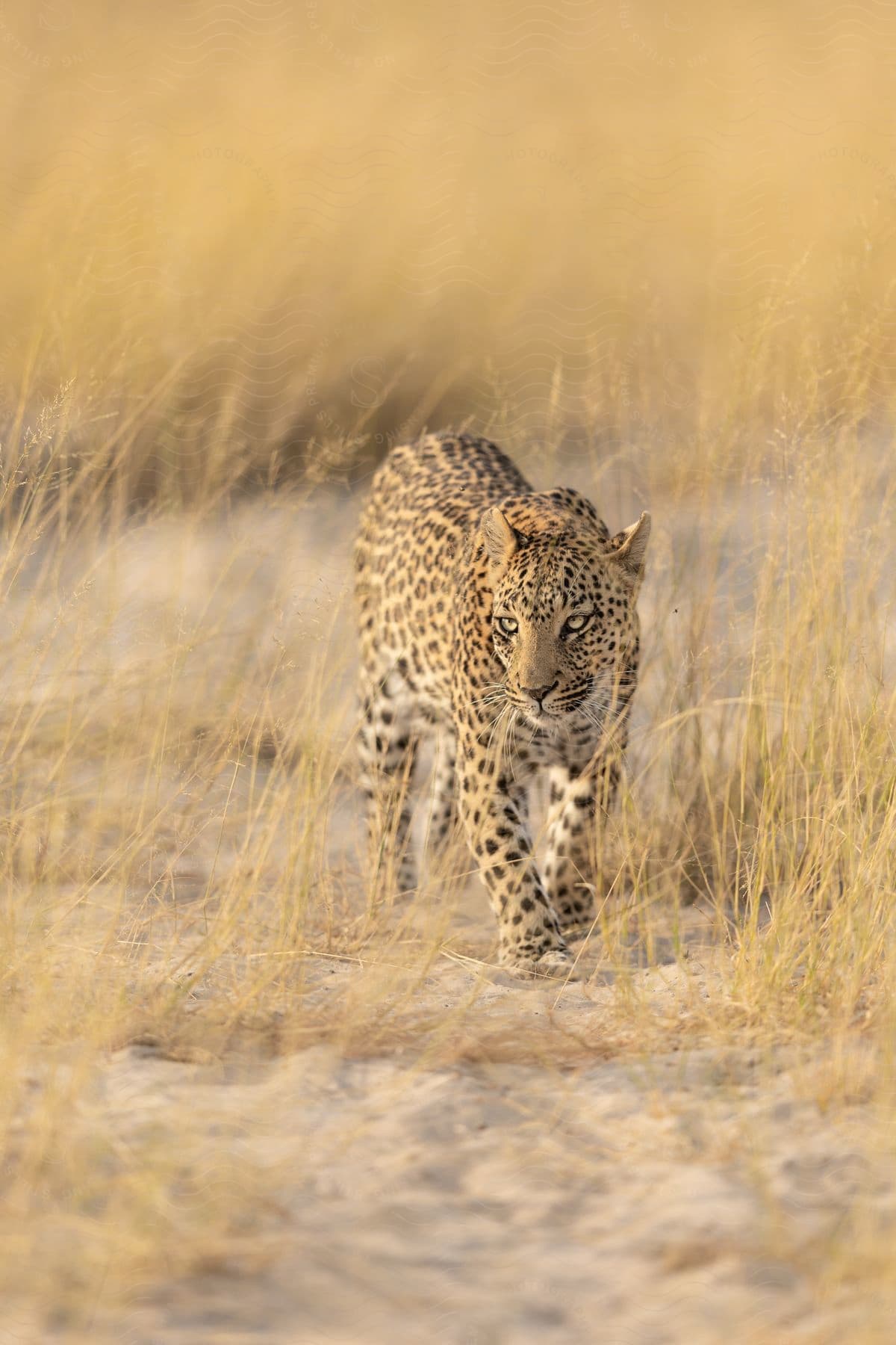 A cheetah walks through a tall grassland.