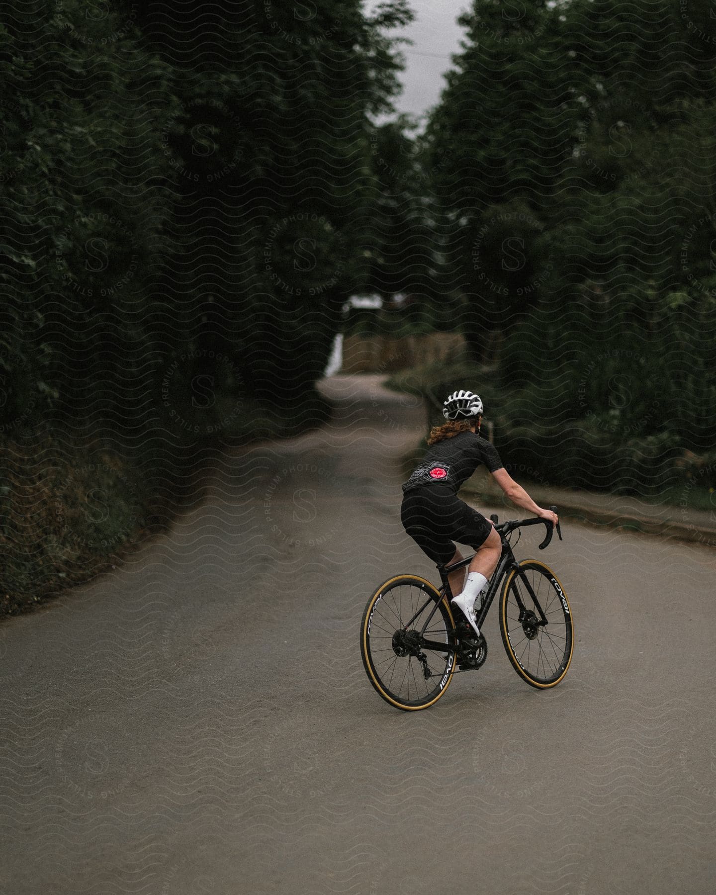 Cyclist in black attire and helmet riding on a road bordered by greenery.