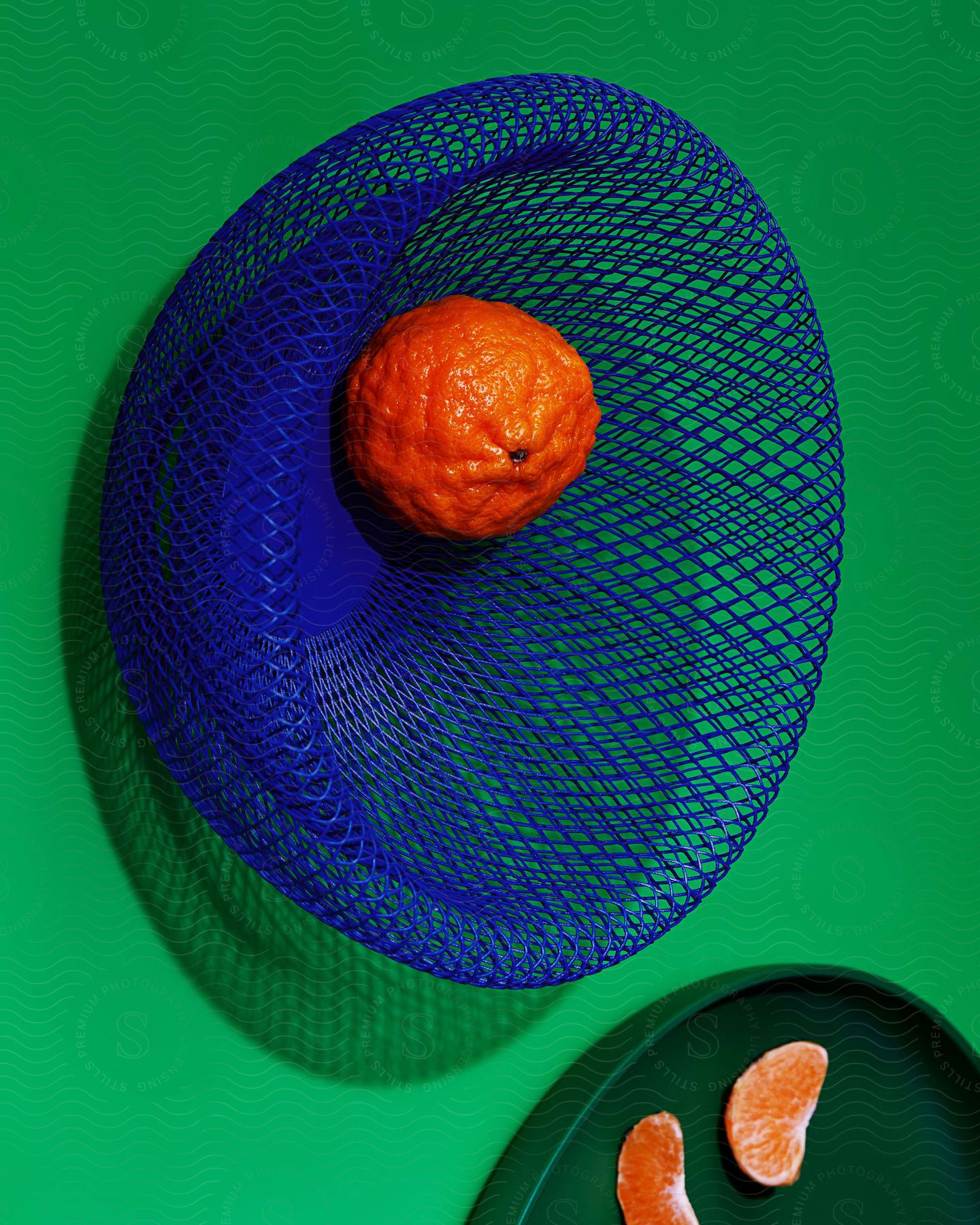 a tangerine in a blue netted bowl with some peeled piece in a wider bowl