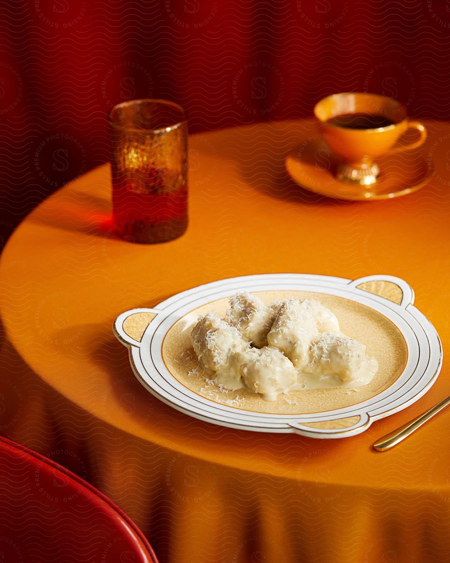 A dish of dumplings in a creamy sauce, accompanied by a cup of coffee and a glass of water.