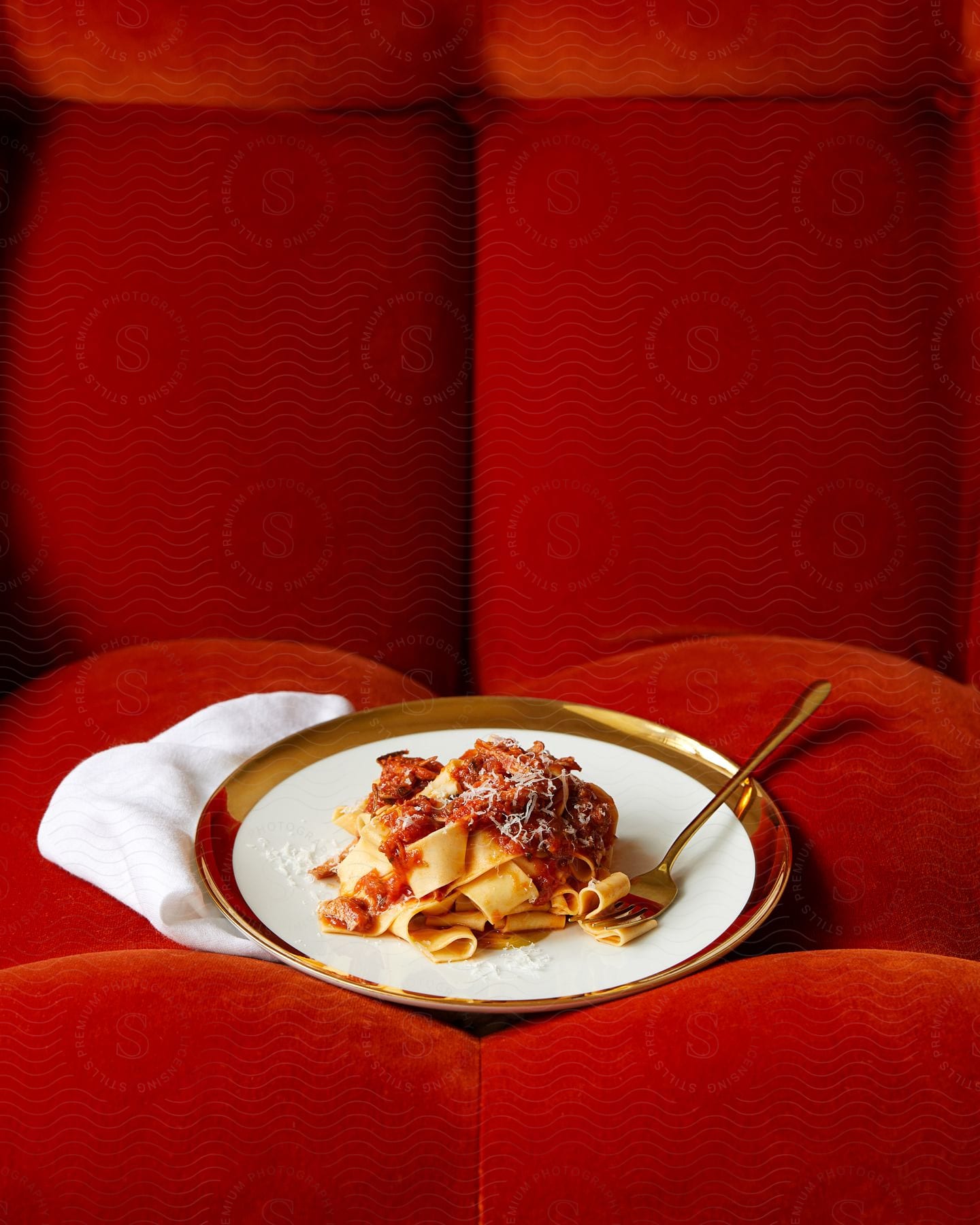 A white plate with pasta food and a golden fork and they are on top of a cloth that is on a red armchair