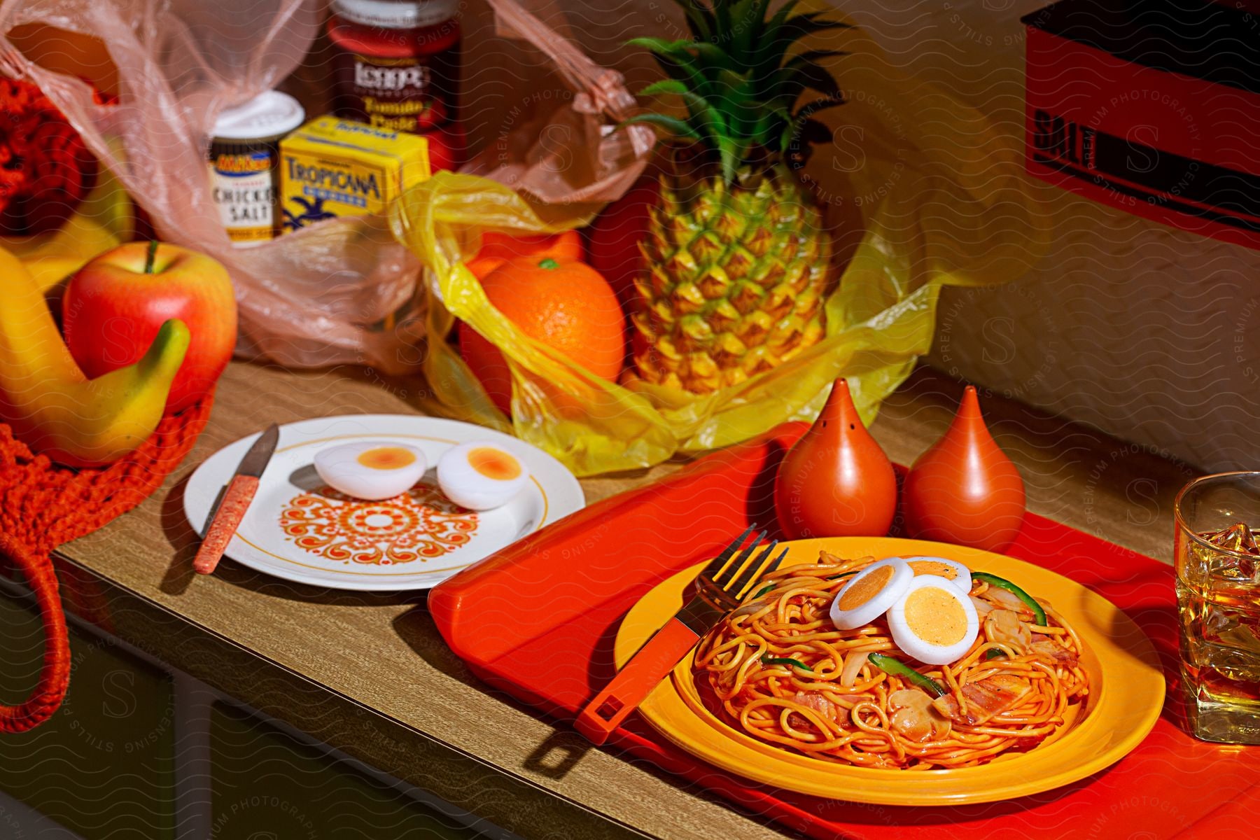 A wooden table with a plate with cut eggs and another on top of a tray with pasta and next to it there are several fruits in bags