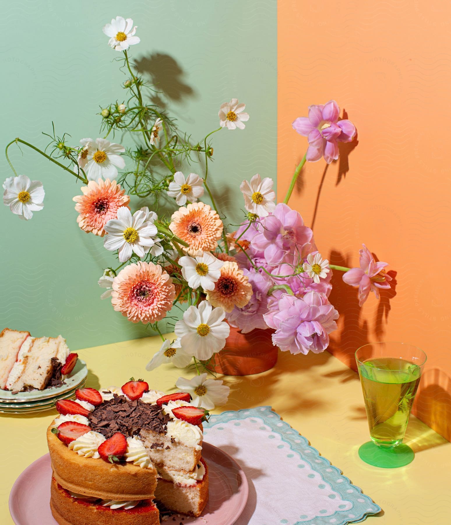 Arrangement of various flowers in a vase with a cake topped with strawberries and chocolate shavings, and a glass of green liquid on a two-tone background.