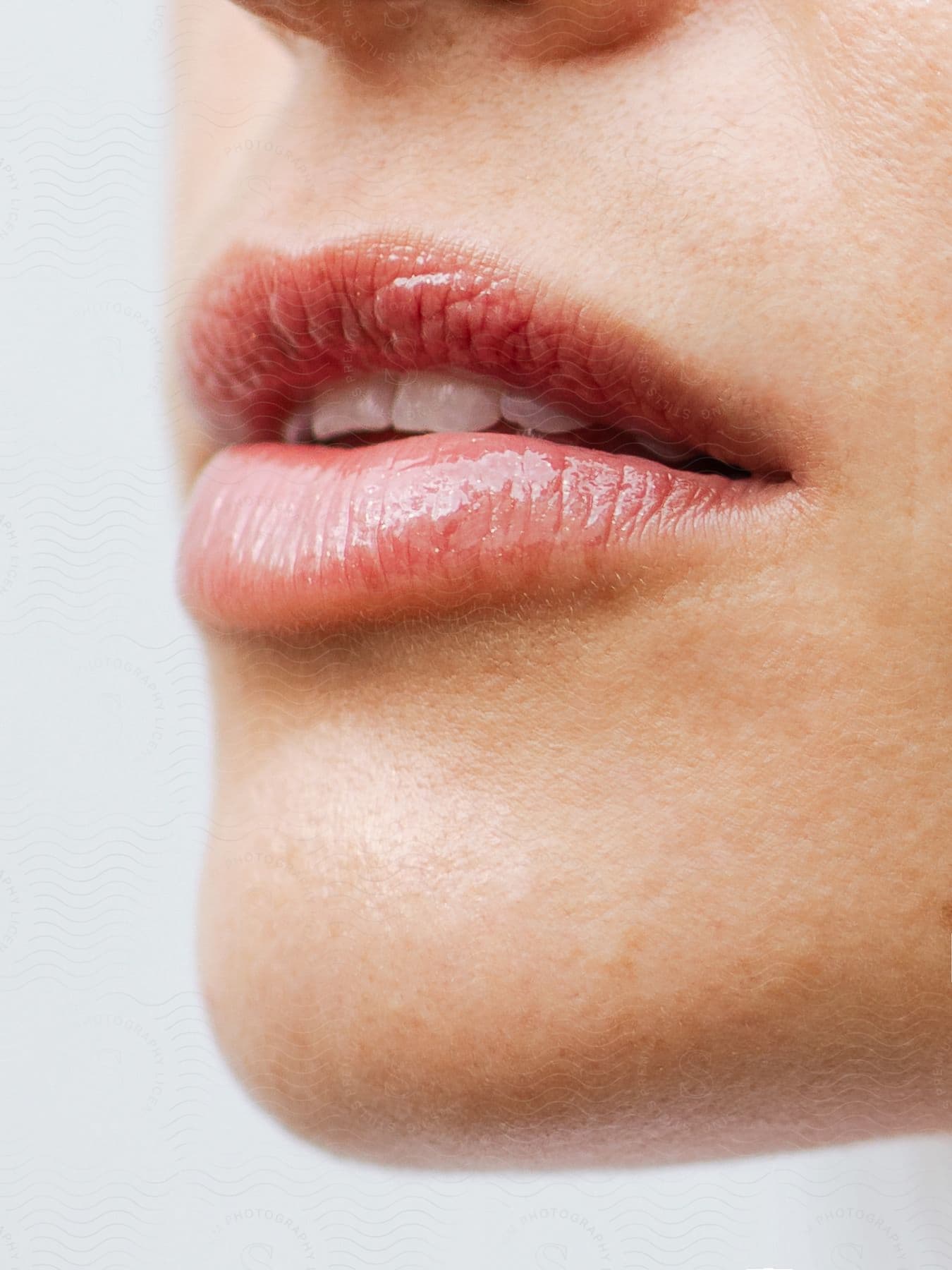 Close-up of lips painted with gloss.