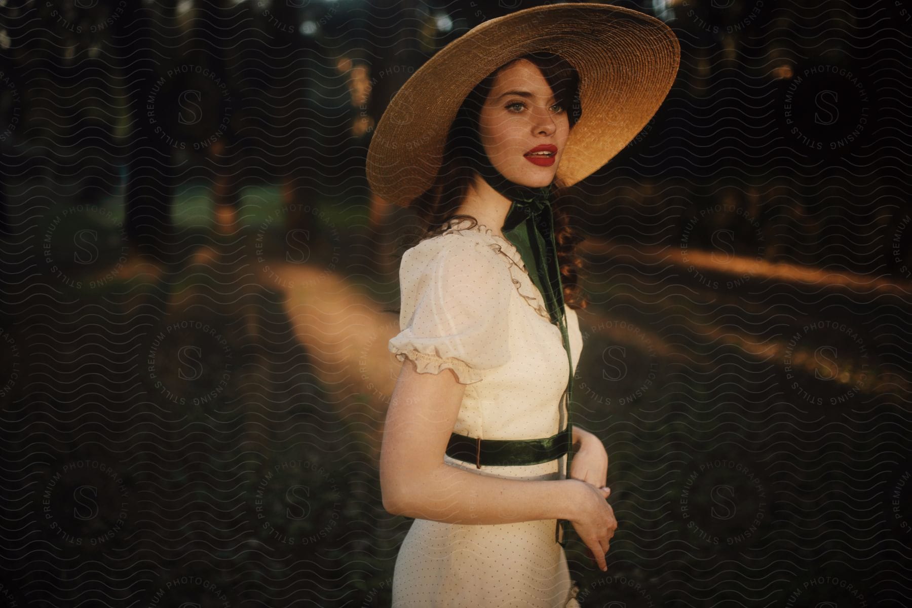 Young model in red lipstick and sun hat wearing a short white dress while standing in a garden surrounded by trees