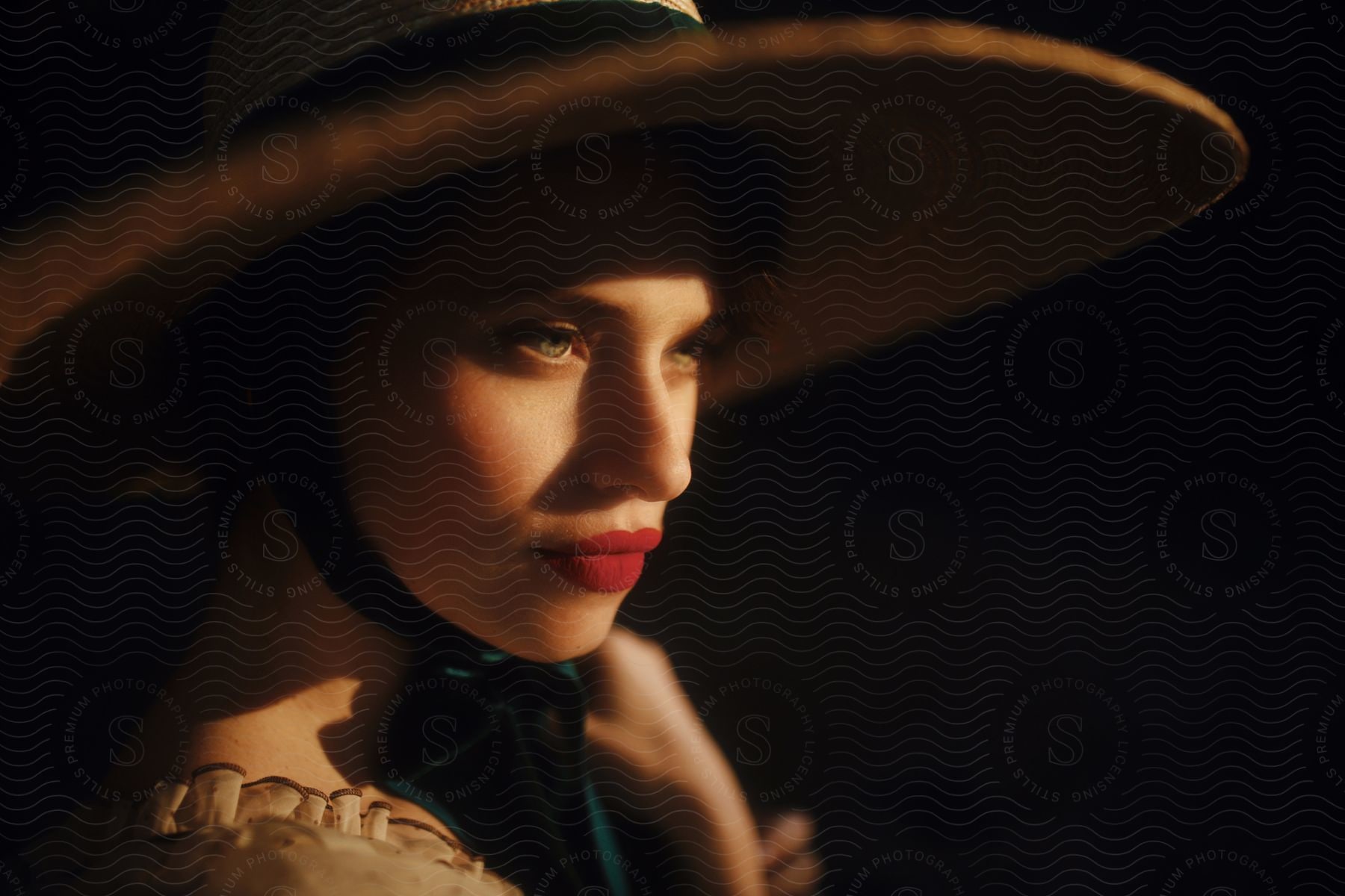 Woman with red lipstick in wide-brimmed hat, shadow and light on her face.