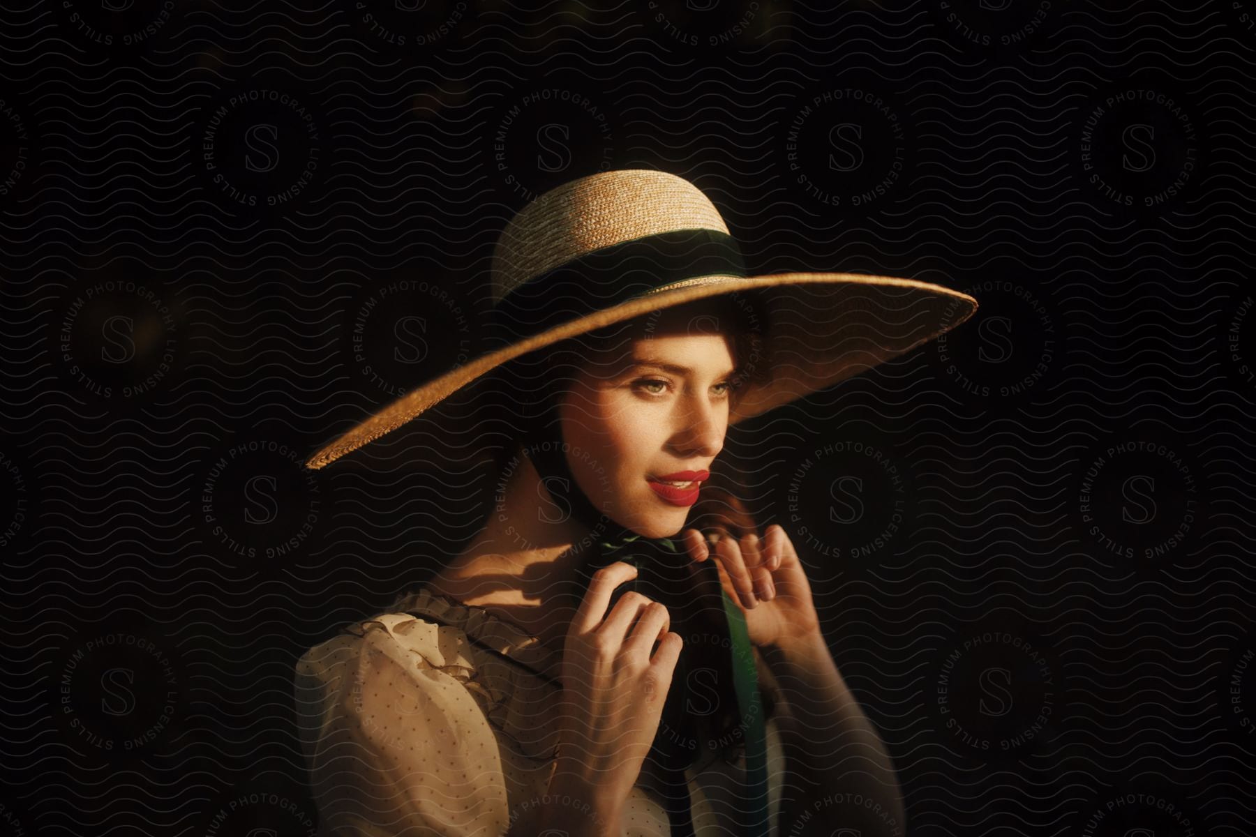 A woman wearing a wide-brimmed straw hat with her hands wrapped around her neck and her face is being illuminated by natural light