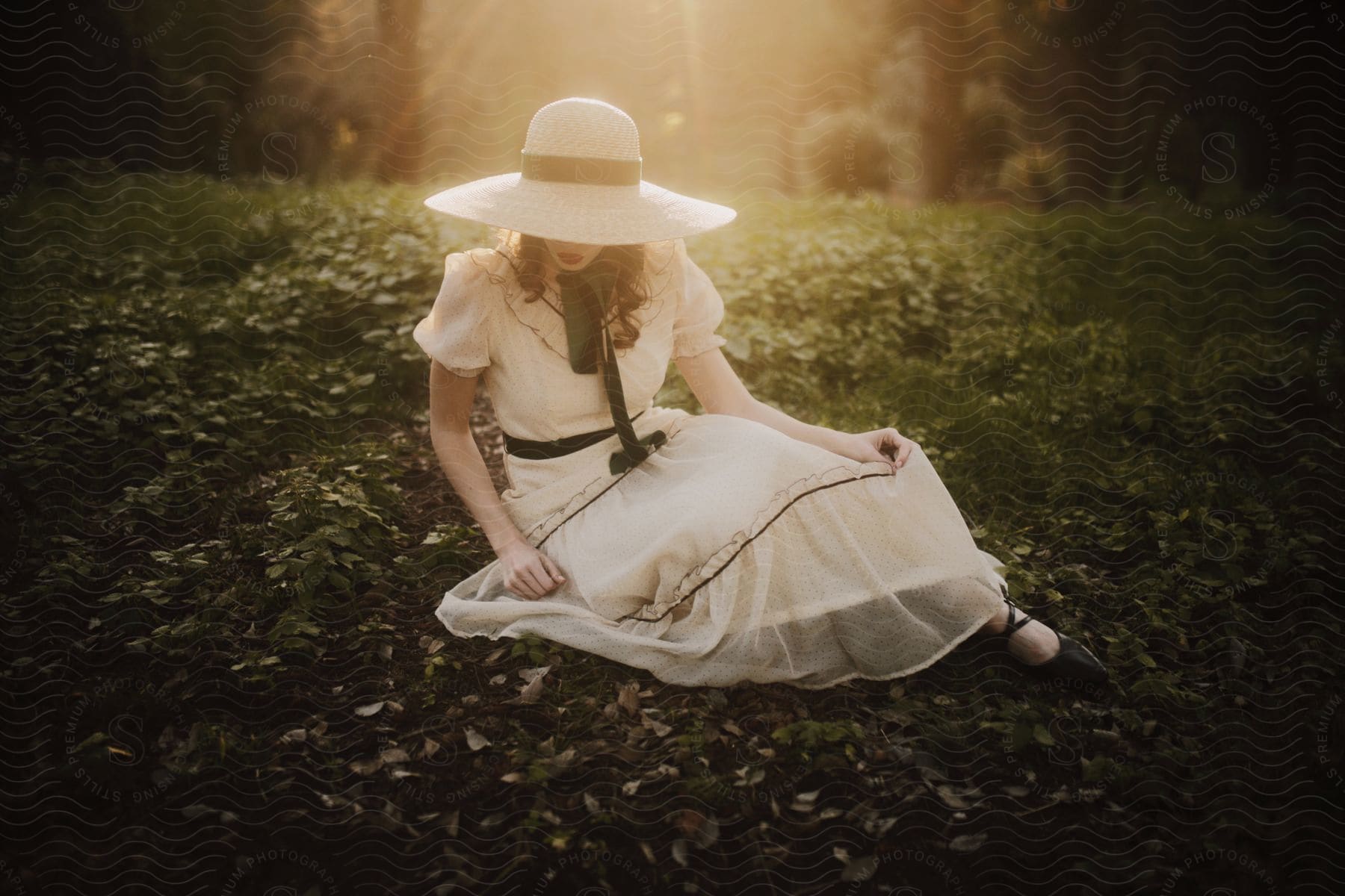 Female model wearing sunhat and fashionable dress sits on ground in area of sunlight.