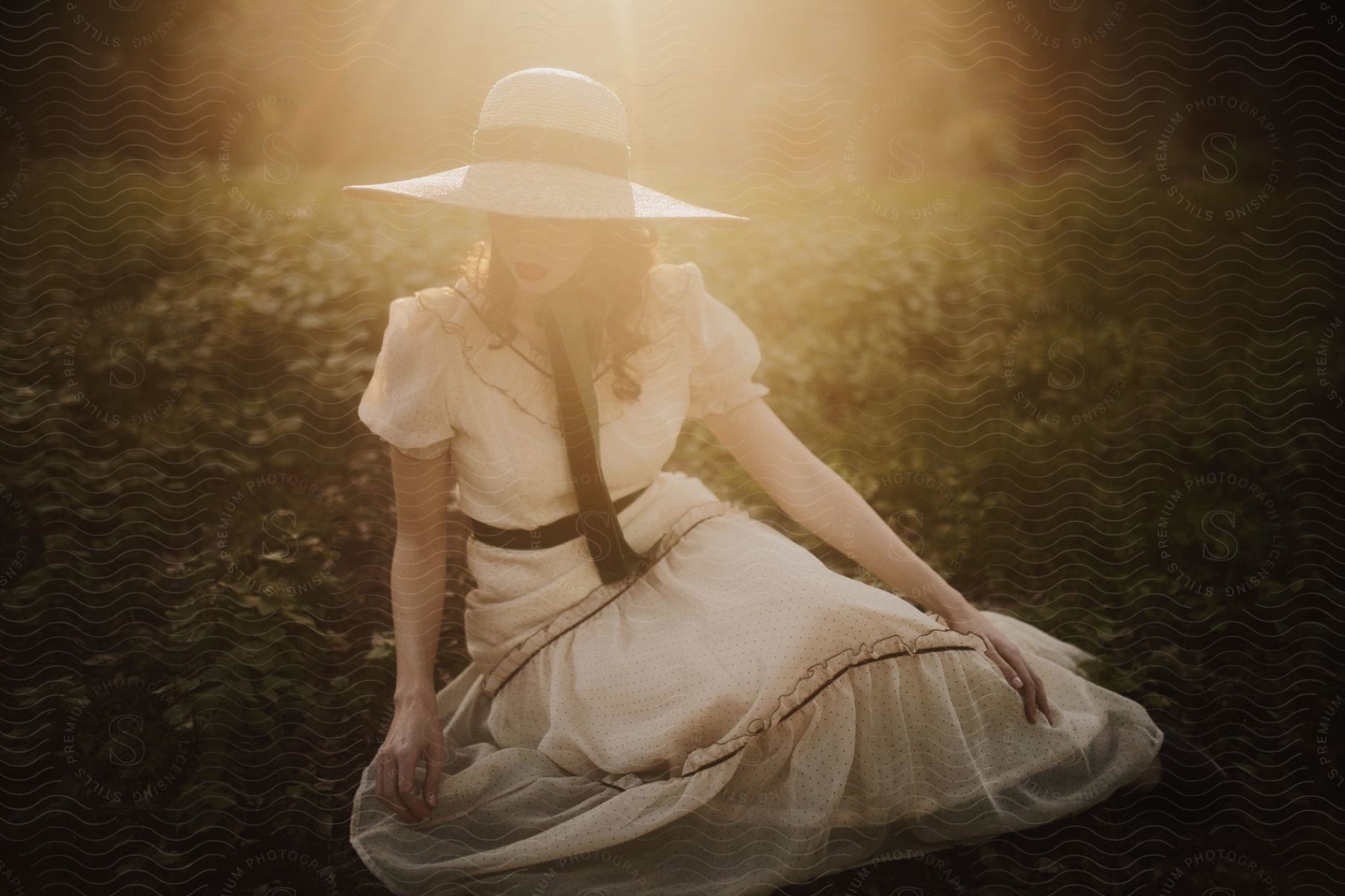 Young model sitting in a field with white dress and sun hat and sun reflection on her