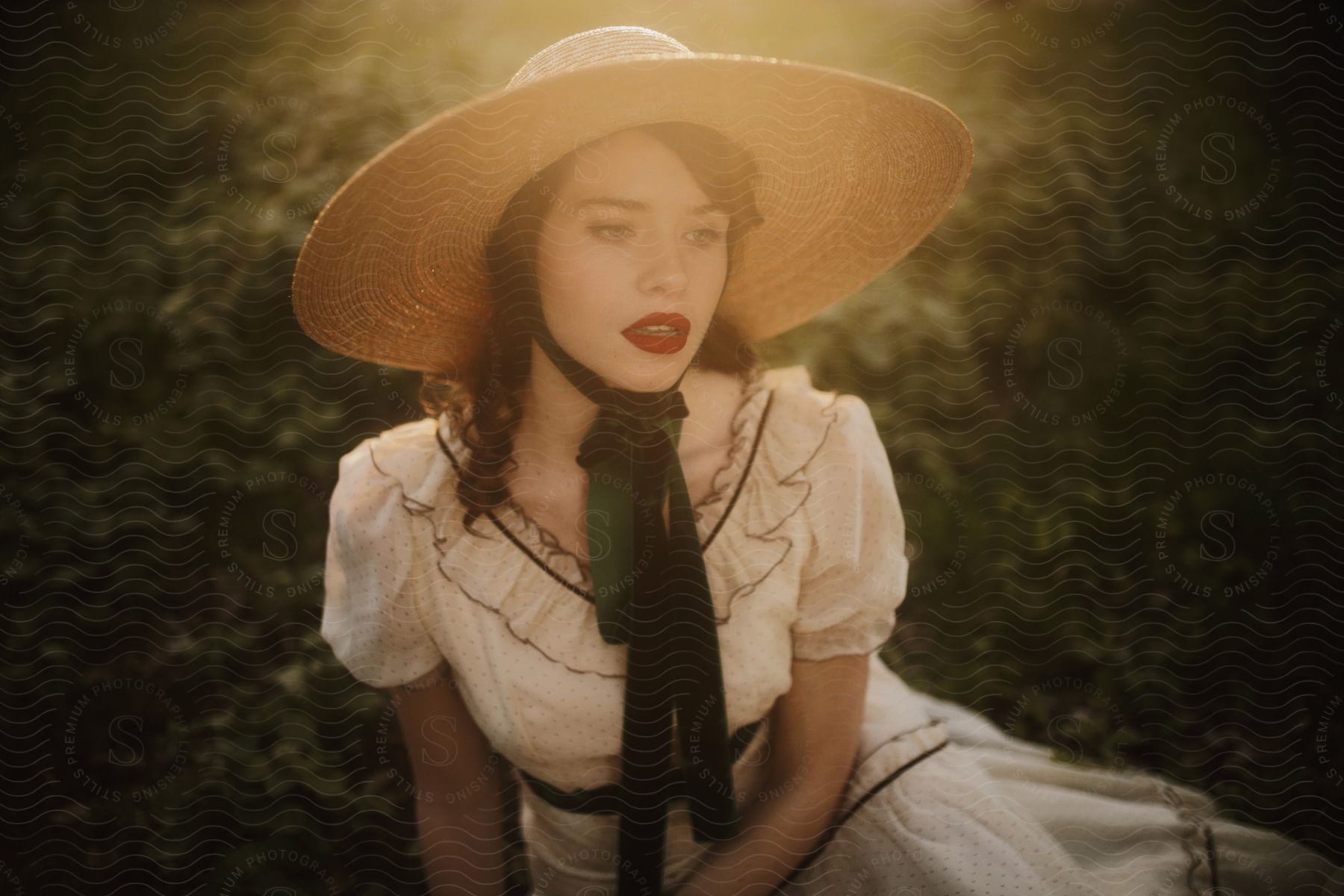 Woman sitting in a garden wearing a hat and a white dress with a green bow around her neck with sunlight shining on her