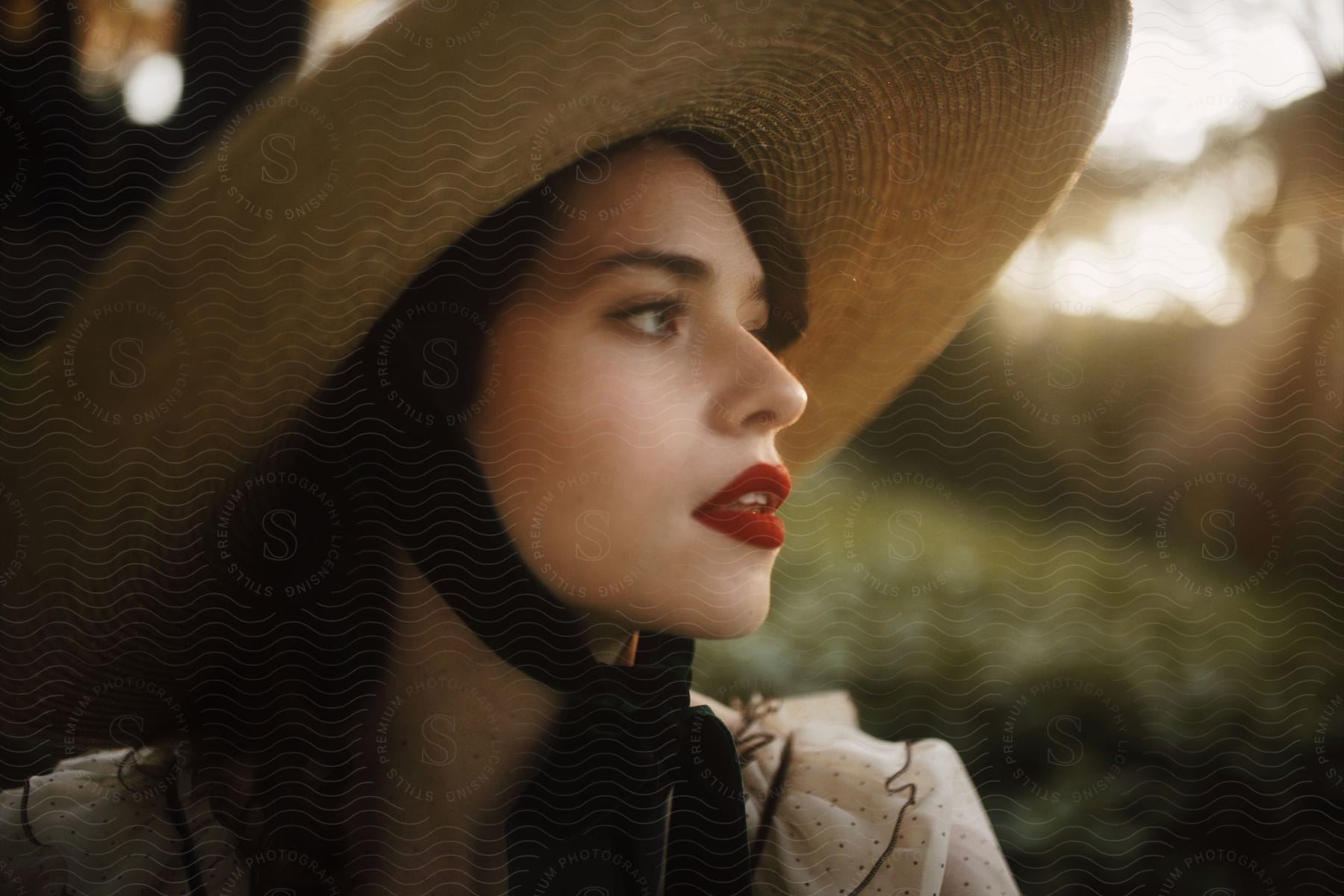 Woman in a straw hat looks at the forest over her right shoulder.