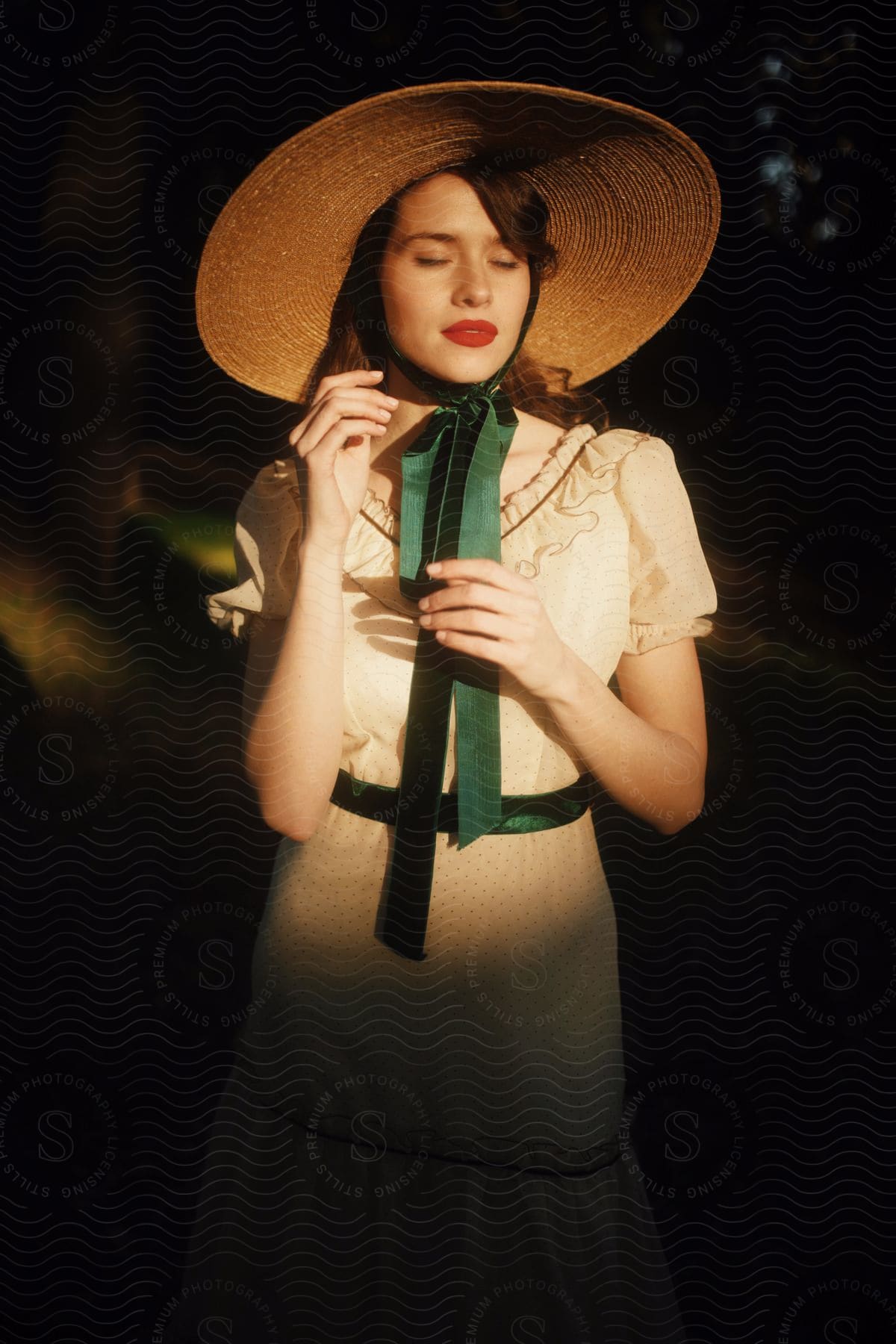 Woman with eyes closed wearing a white dress with a long sun hat and the sun's reflection on her face