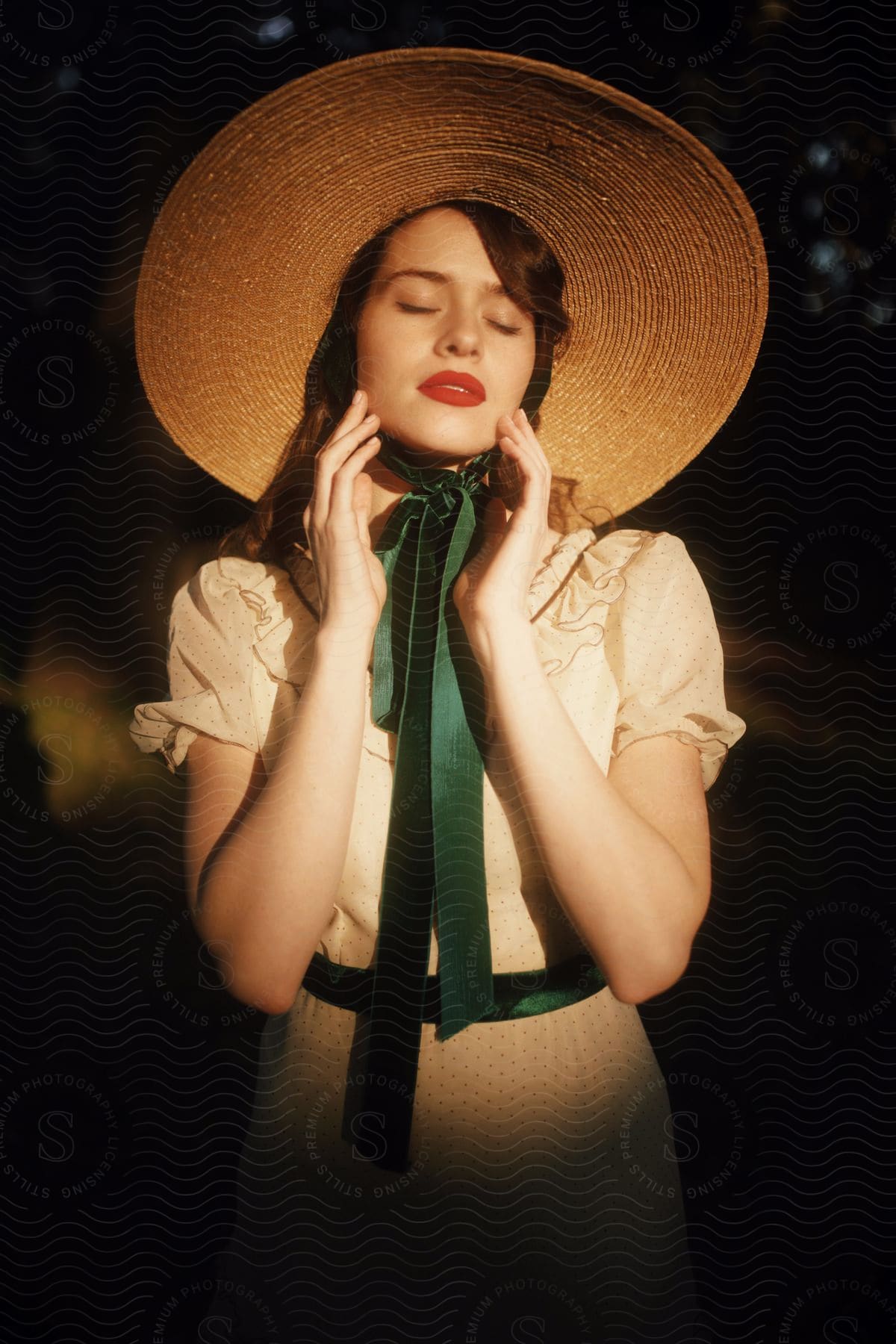 Young woman and model with eyes closed and with their hands on their chins posing in a sun hat and a white dress