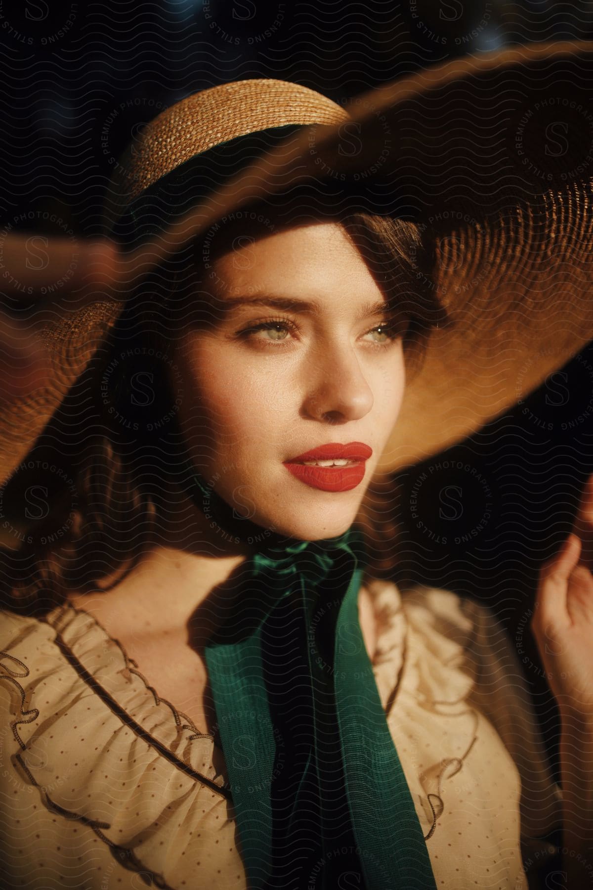 Young woman wearing a sun hat and her light eyes with red lipstick